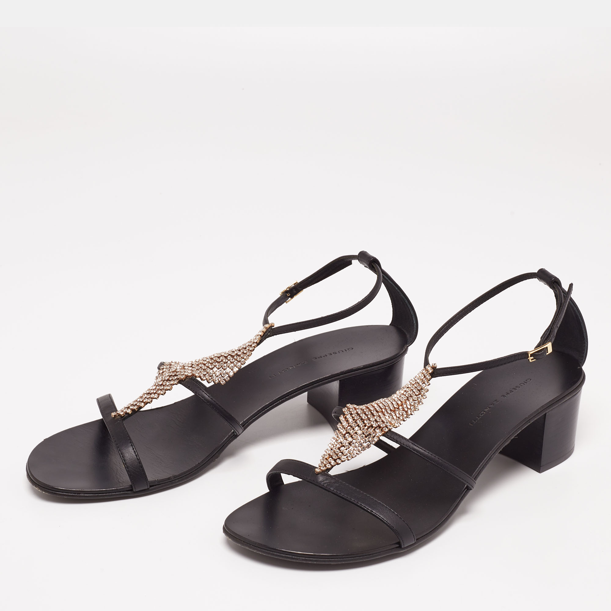 

Giuseppe Zanotti Black Leather Crystal Embellished Ankle-Strap Sandals Size