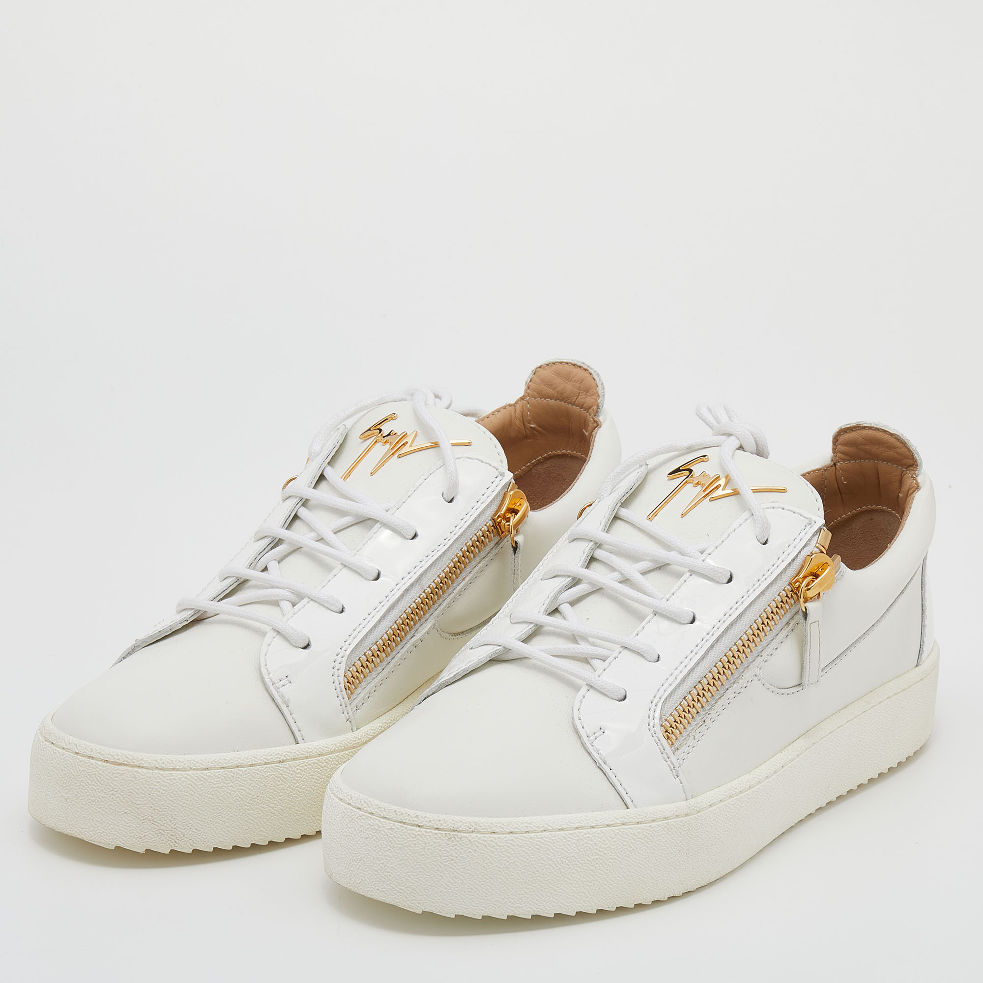 

Giuseppe Zanotti White Leather And Patent Leather Low Top Sneakers Size