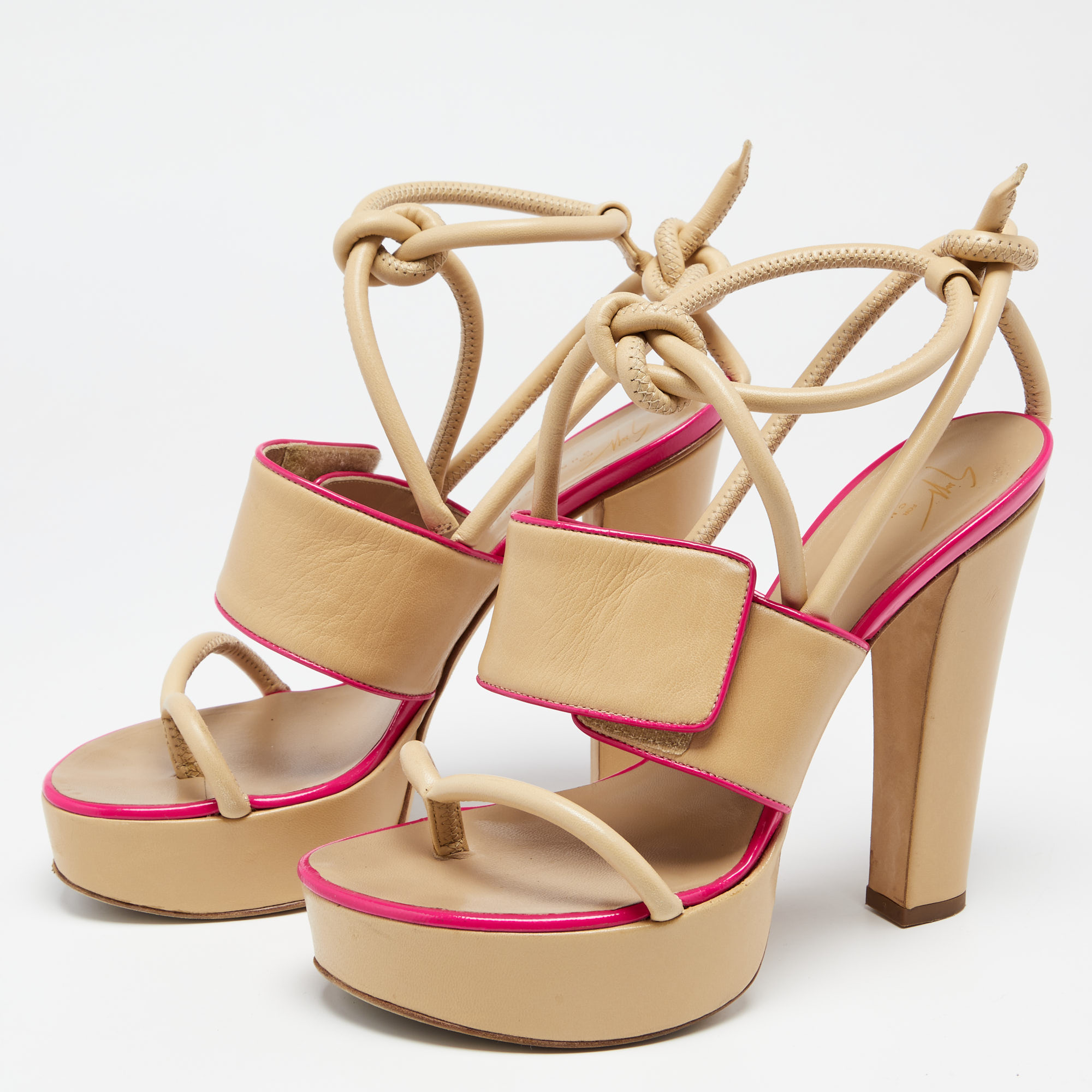 

Giuseppe Zanotti x Christopher Kane Beige/Pink Leather Block Heel Platform Sandals Size