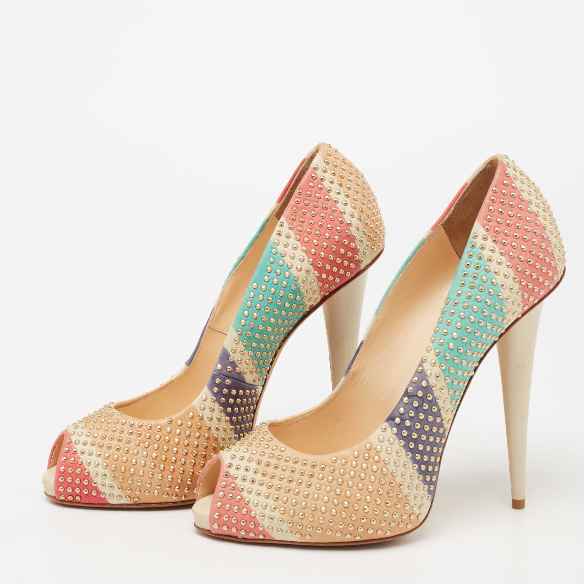 

Giuseppe Zanotti Multicolor Studded Leather Peep-Toe Pumps Size