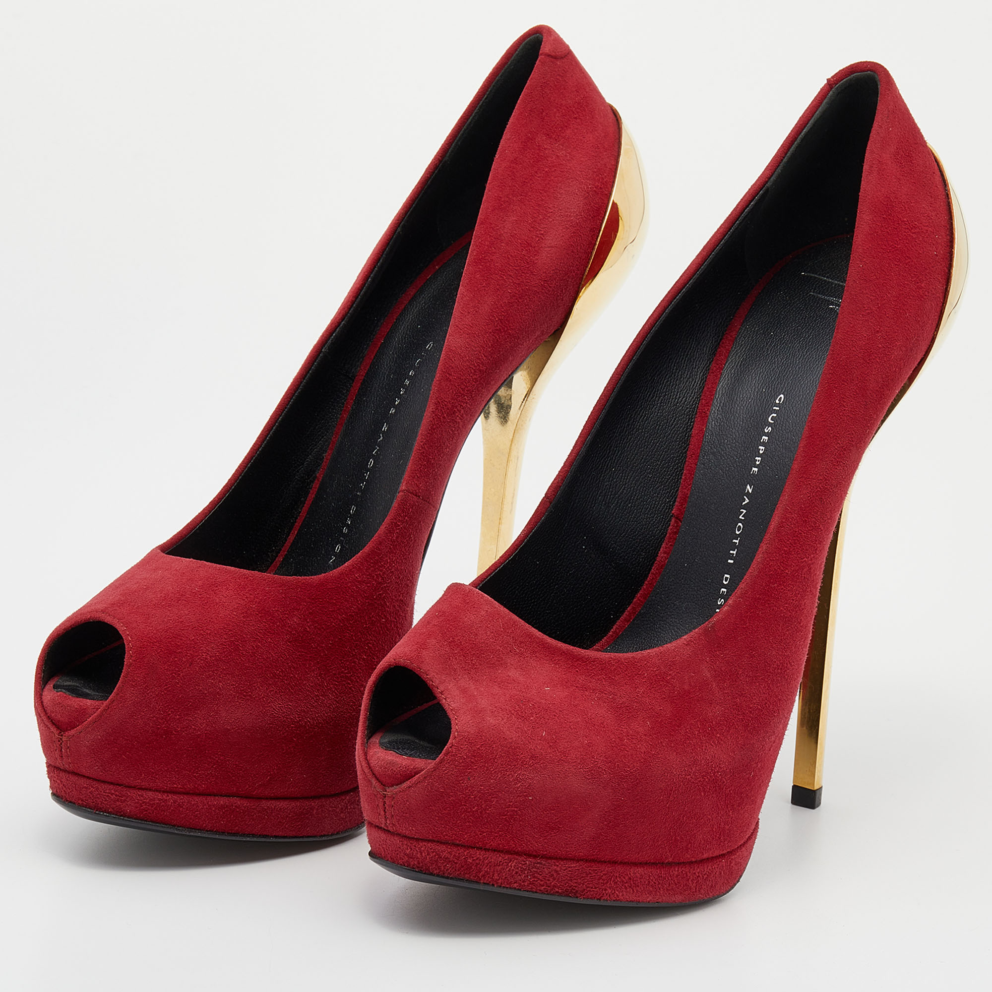 

Giuseppe Zanotti Burgundy Suede Sharon Peep Toe Platform Pumps Size