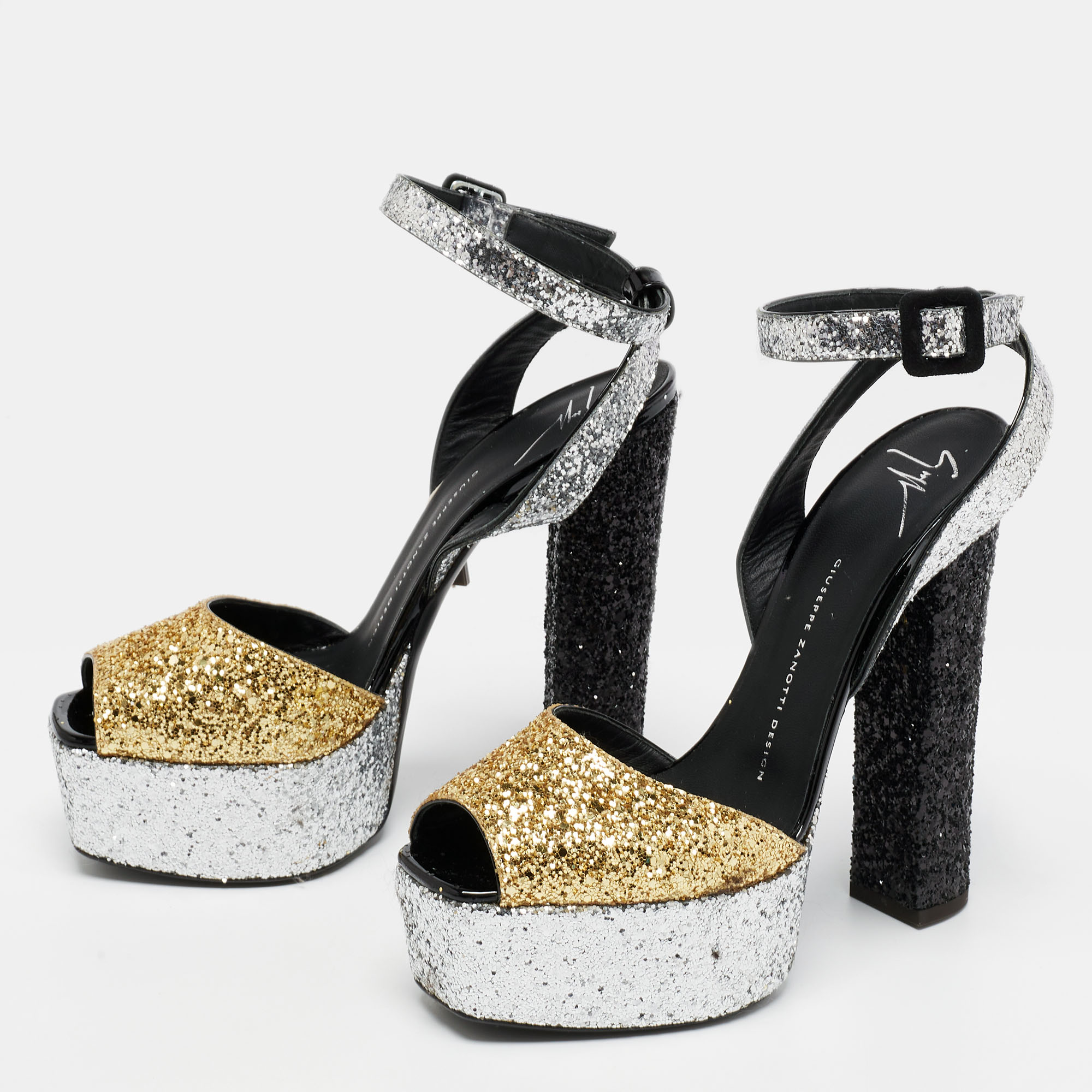 

Giuseppe Zanotti Tri-Color Glitter Betty Peep Toe Block Heel Platform Sandals Size, Multicolor