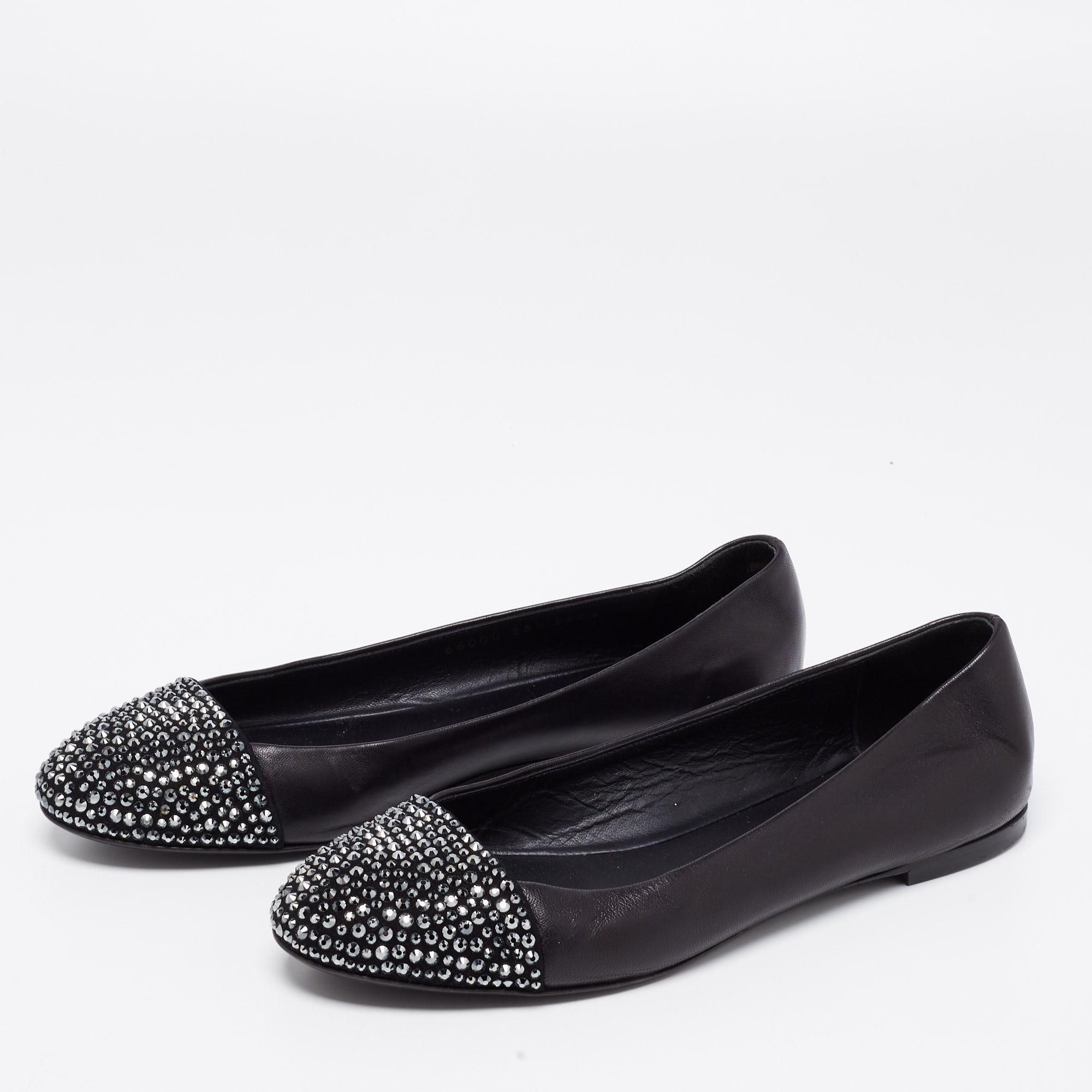 

Giuseppe Zanotti Black Leather and Suede Crystal Embellished Cap Toe Ballet Flats Size