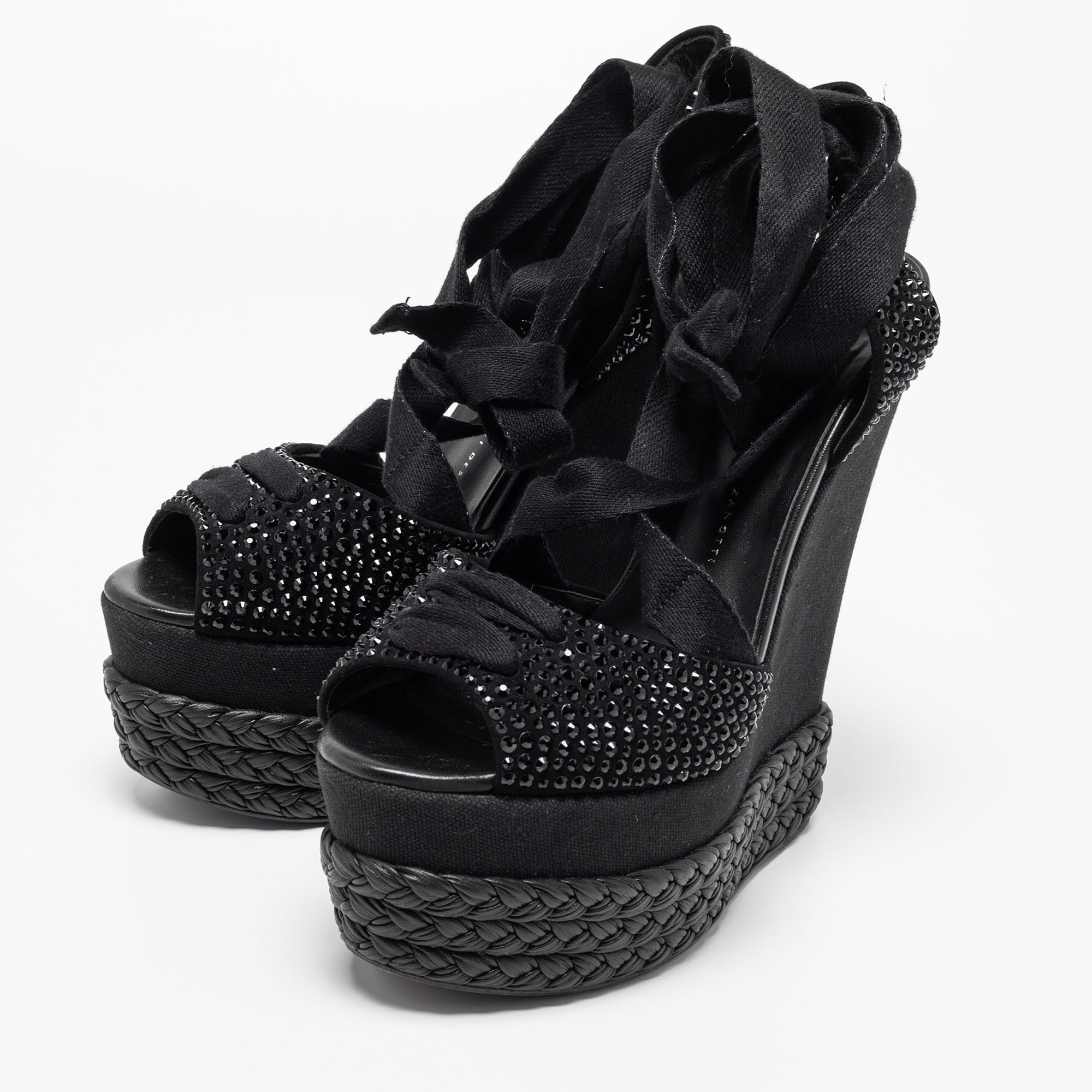 

Giuseppe Zanotti Black Crystal Embellished Suede Espadrille Platform Wedge Ankle Tie Sandals Size