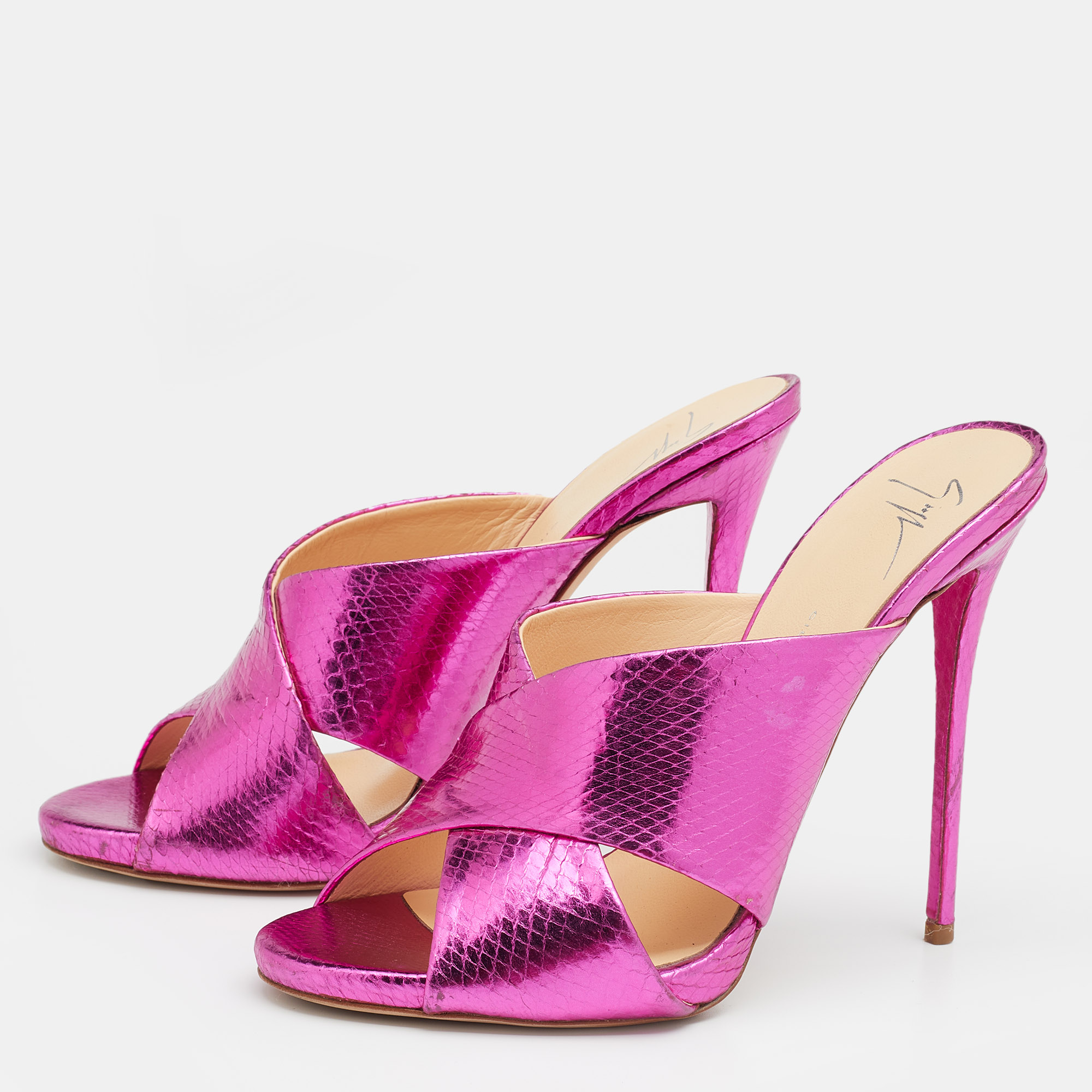 

Giuseppe Zanotti Metallic Pink Snakeskin Embossed Leather Cross Strap Slide Sandals Size