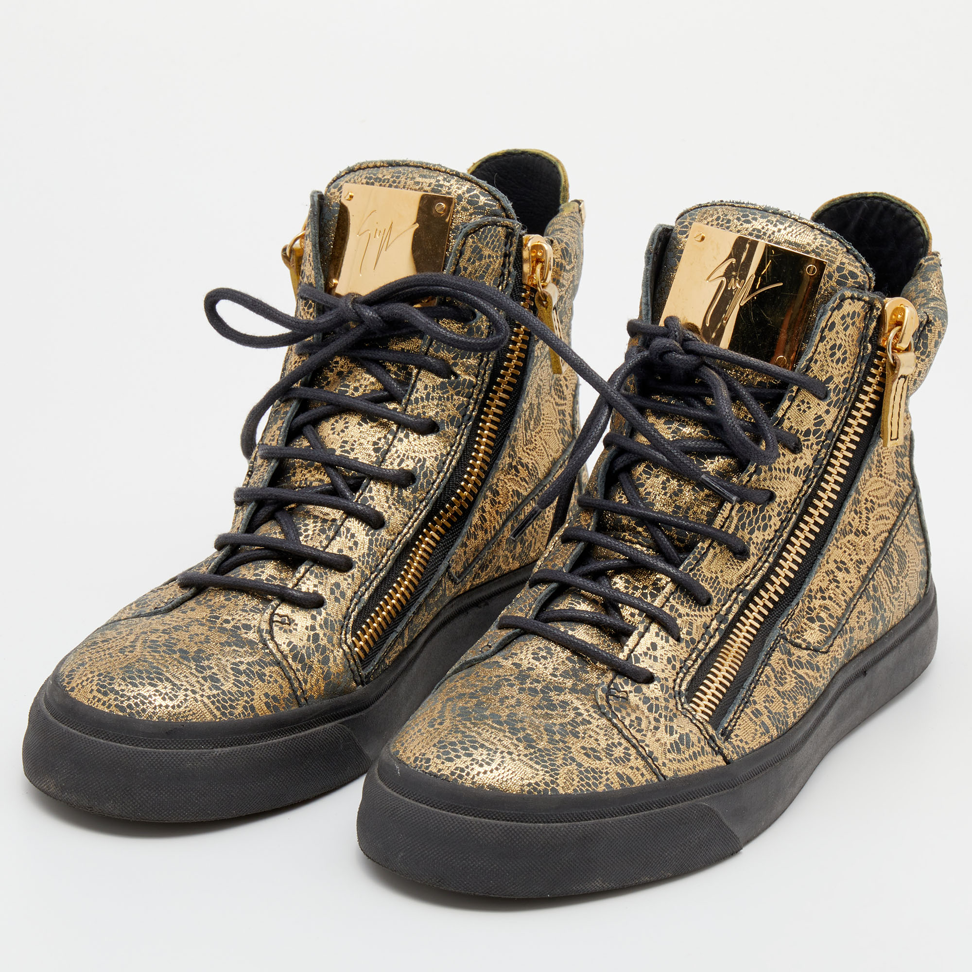 

Giuseppe Zanotti Metallic Gold/Grey Printed Leather Double Zipper High Top Sneakers Size
