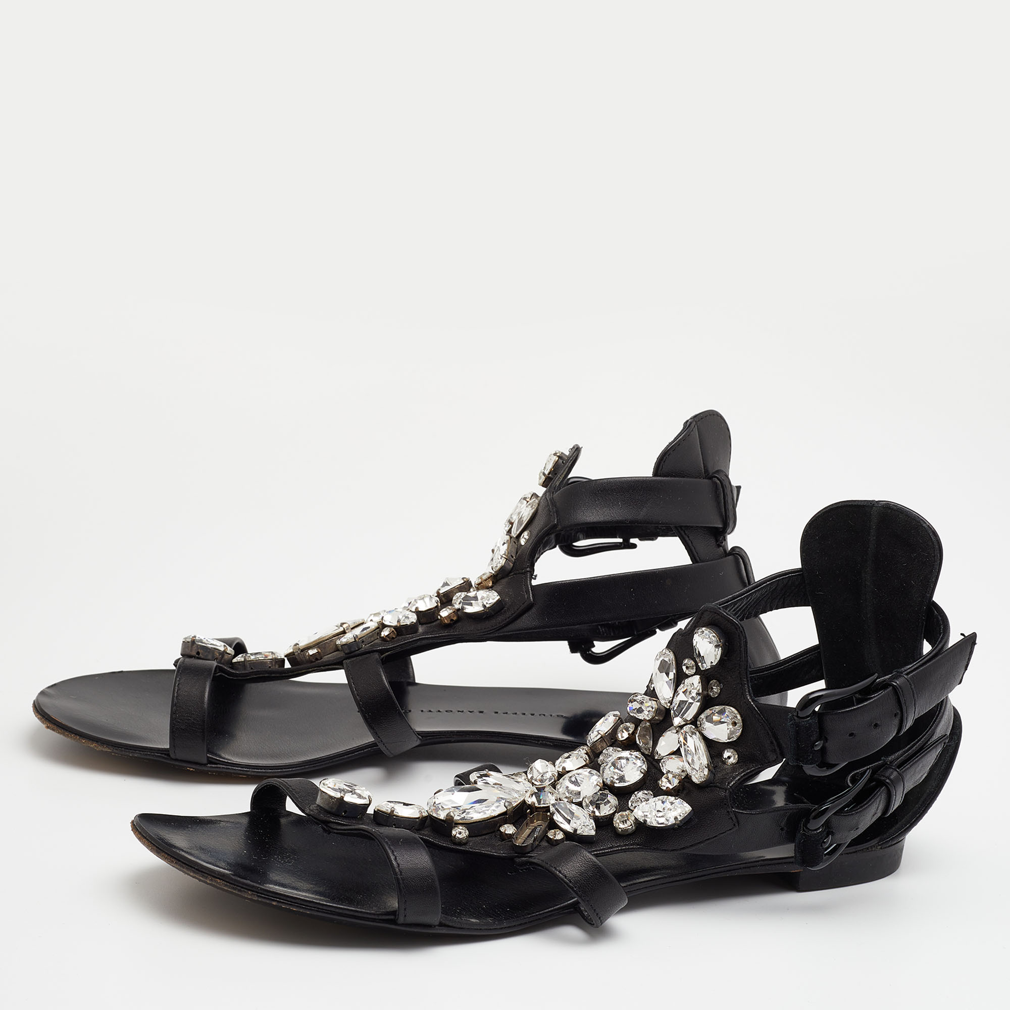 

Giuseppe Zanotti Black Leather Crystal Embellished Ankle Strap Flat Sandals Size