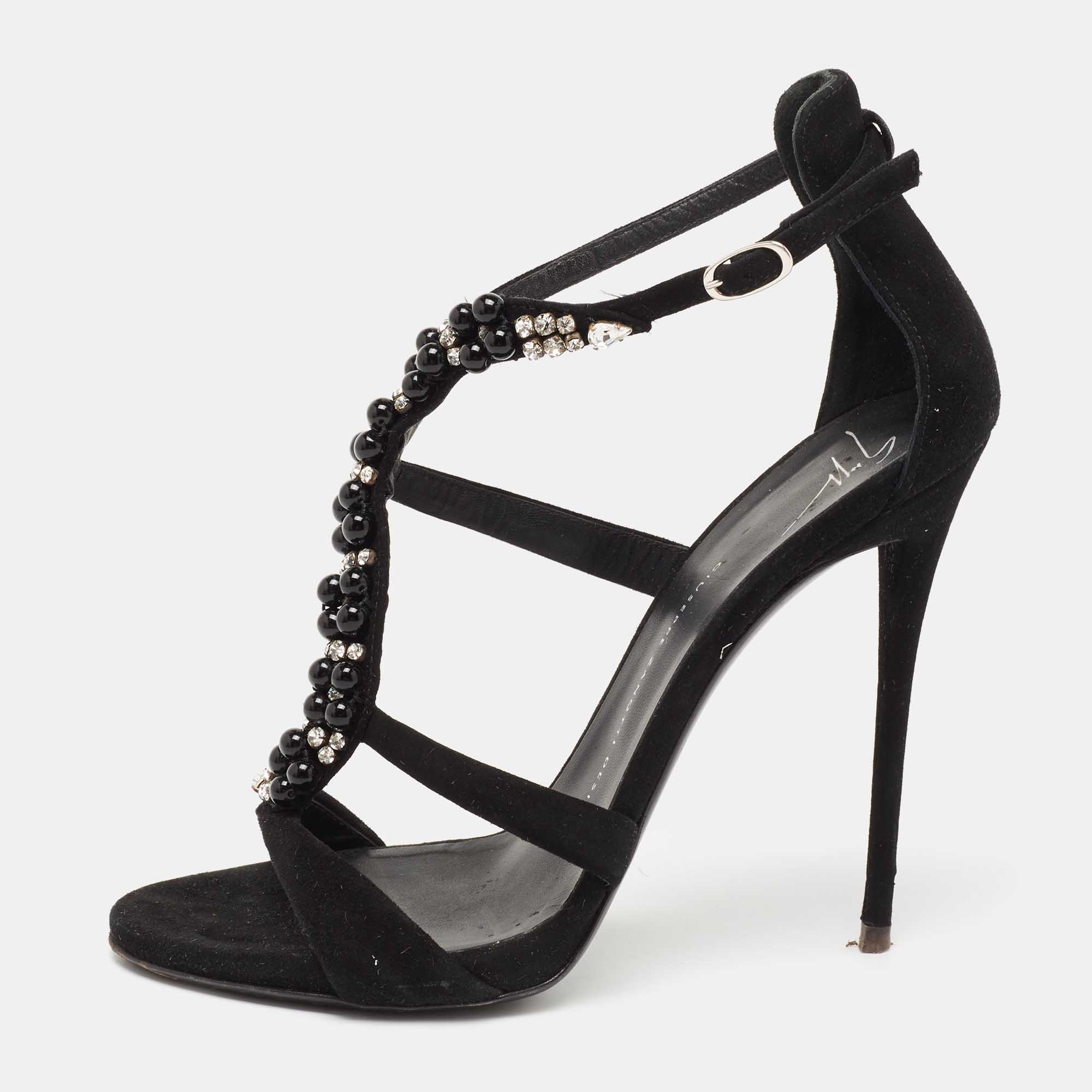 

Giuseppe Zanotti Black Suede Crystal Embellished T-Strap Sandals Size