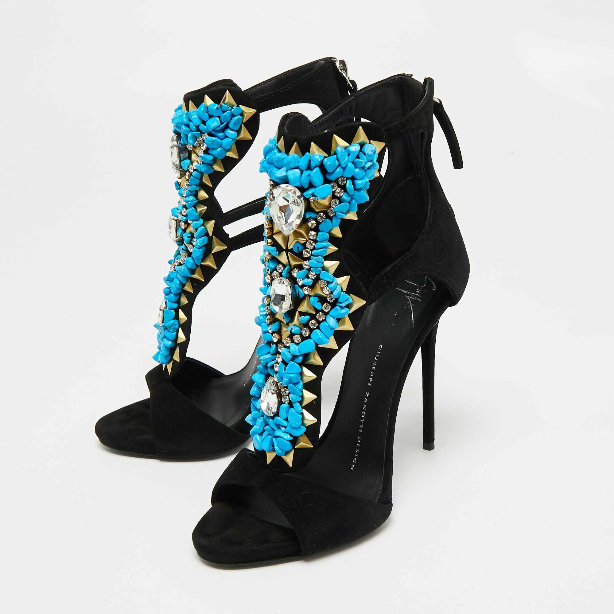 

Giuseppe Zanotti Black Suede Crystal Turquoise Stone Embellished Cut Out Sandals Size