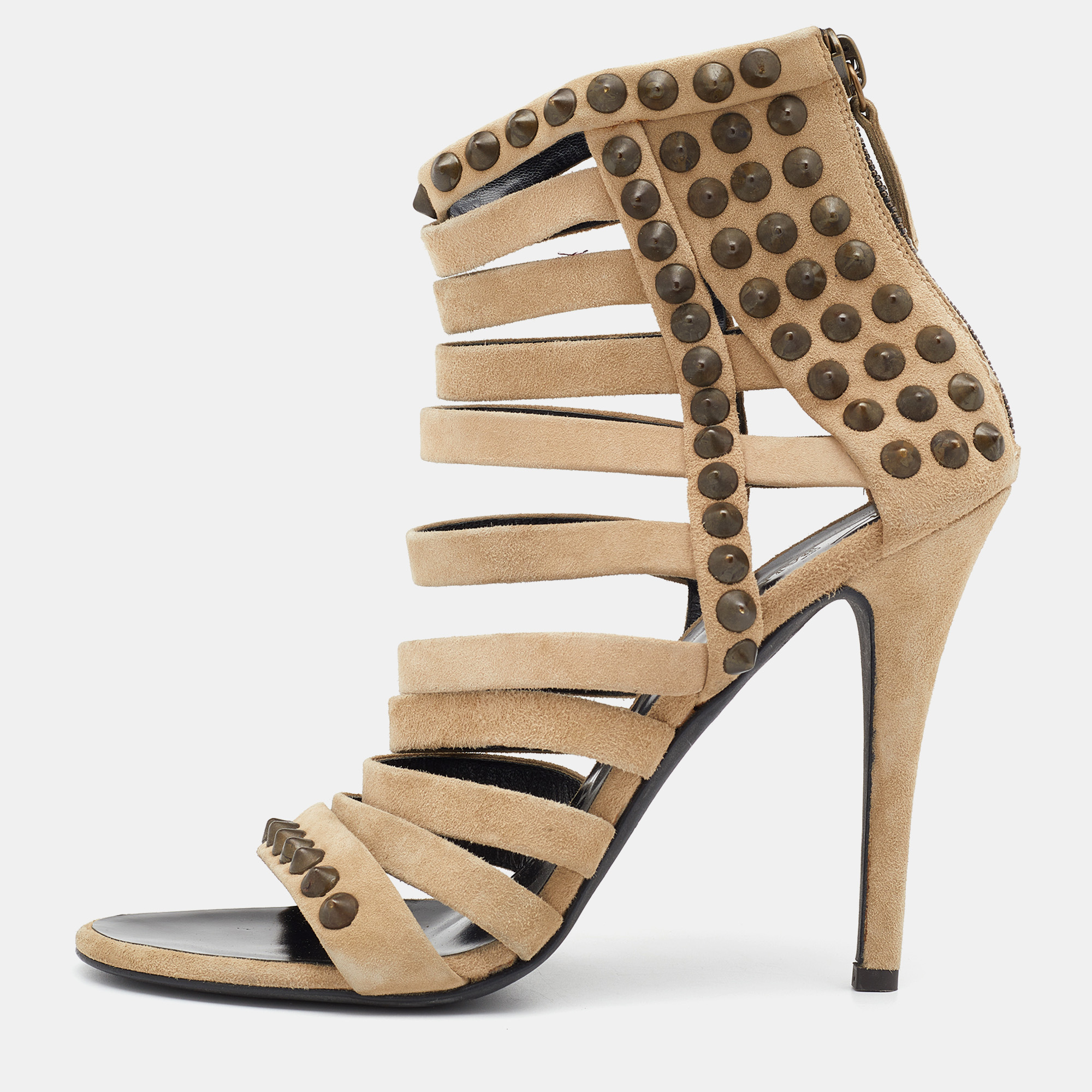Pre-owned Giuseppe Zanotti For Pierre Balmain Beige Suede Studded Strappy Sandals Size 40