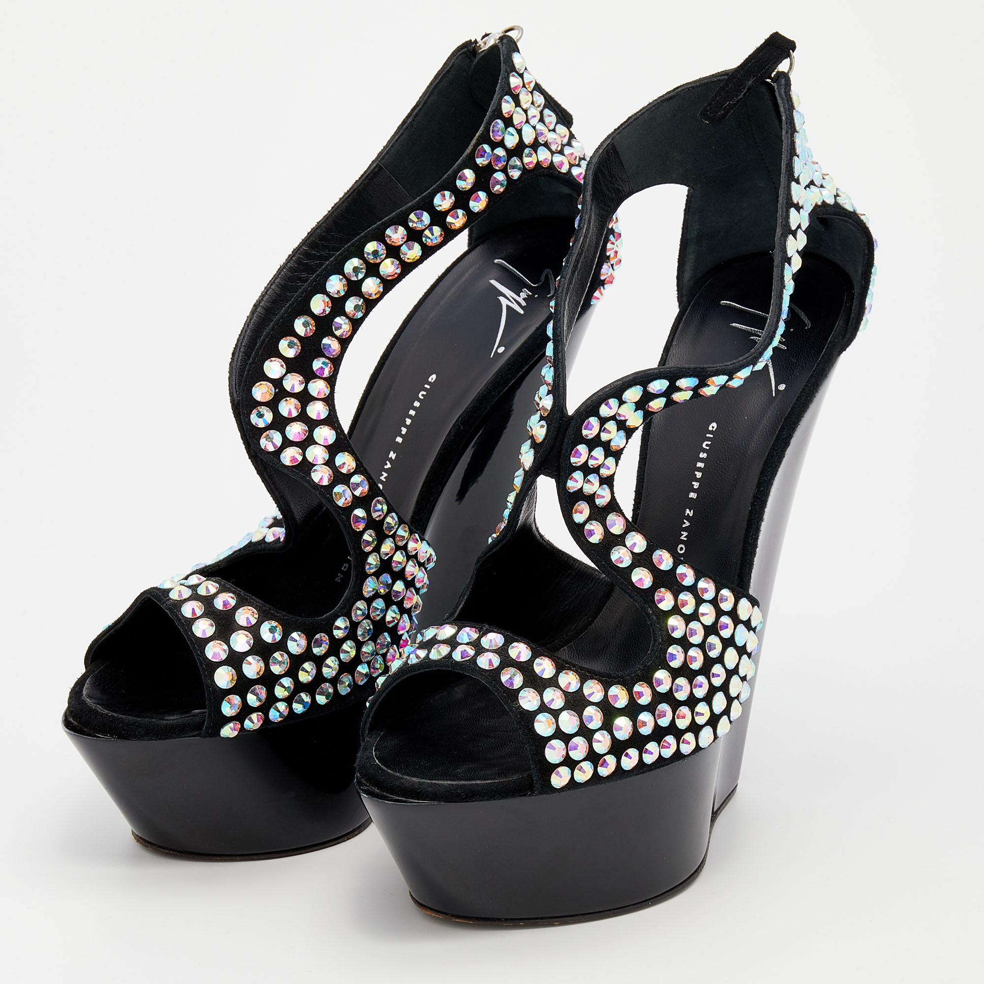 

Giuseppe Zanotti Black Suede Crystal Embellished Platform Wedge Sandals Size