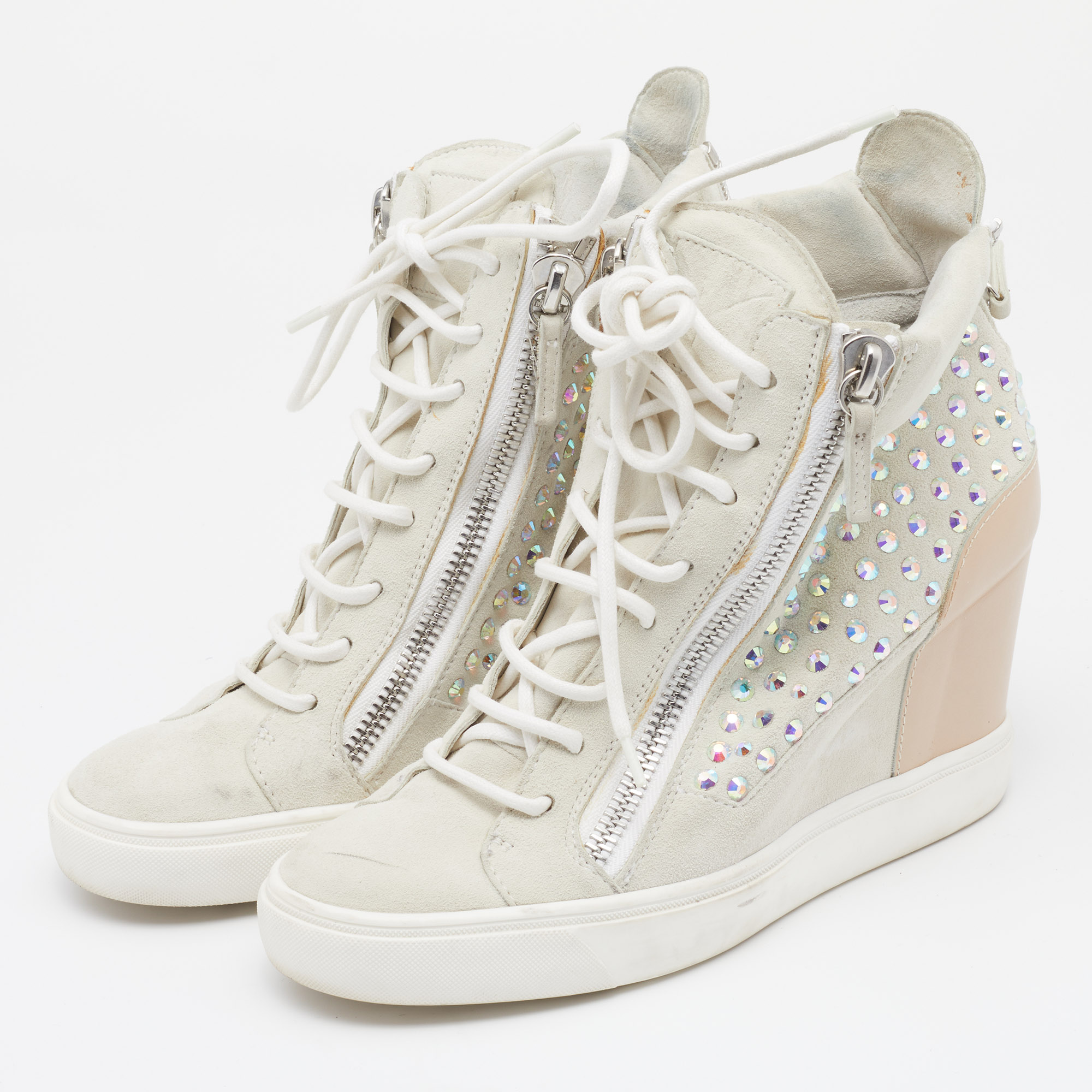 

Giuseppe Zanotti Light Grey/Beige Suede And Leather Embellished Wedge Sneakers Size