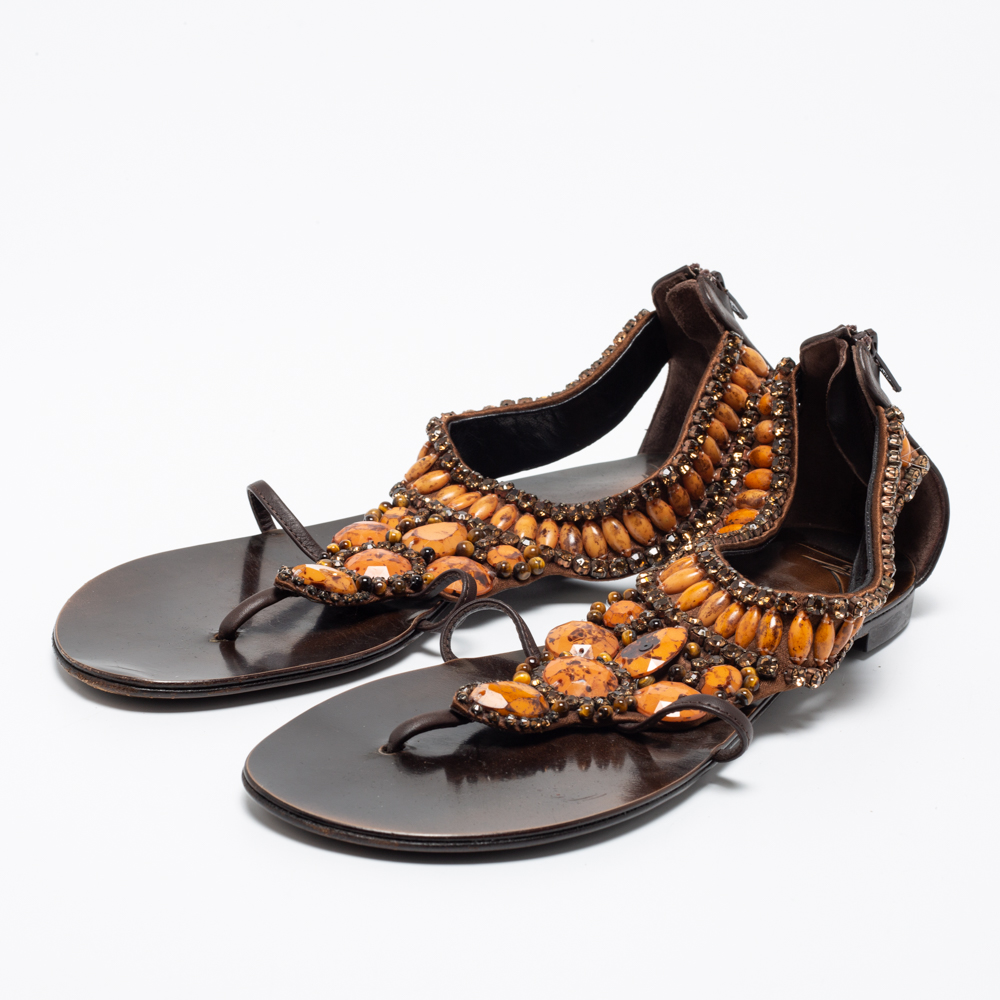 

Giuseppe Zanotti Brown Leather Crystal Embellished Flat Thong Sandals Size