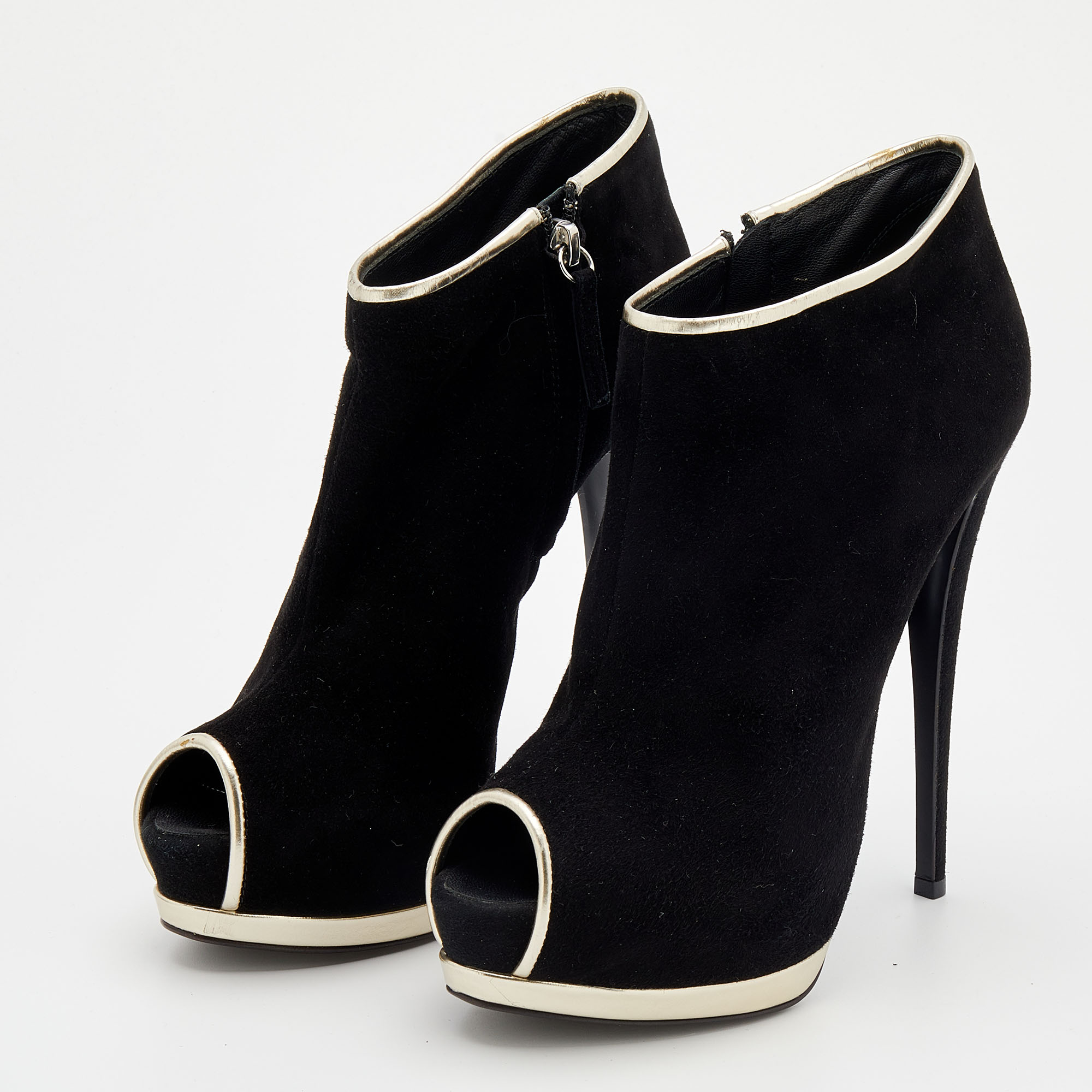 

Giuseppe Zanott Black Suede And Leather Peep Toe Platform Ankle Booties Size