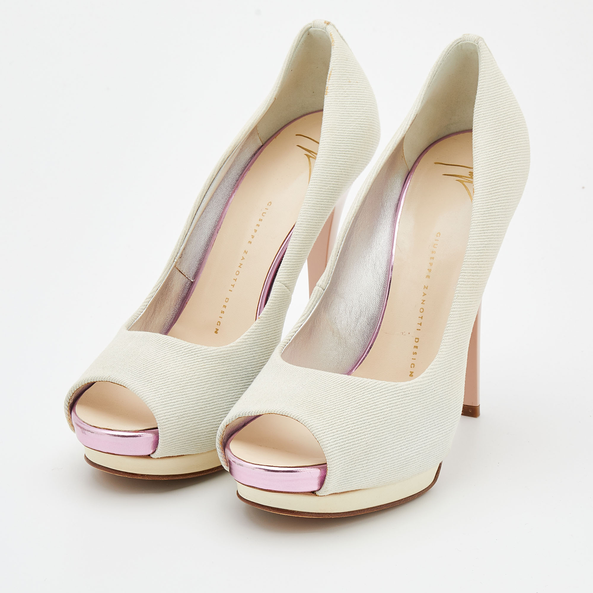 

Giuseppe Zanotti White Canvas Peep Toe Pumps Size
