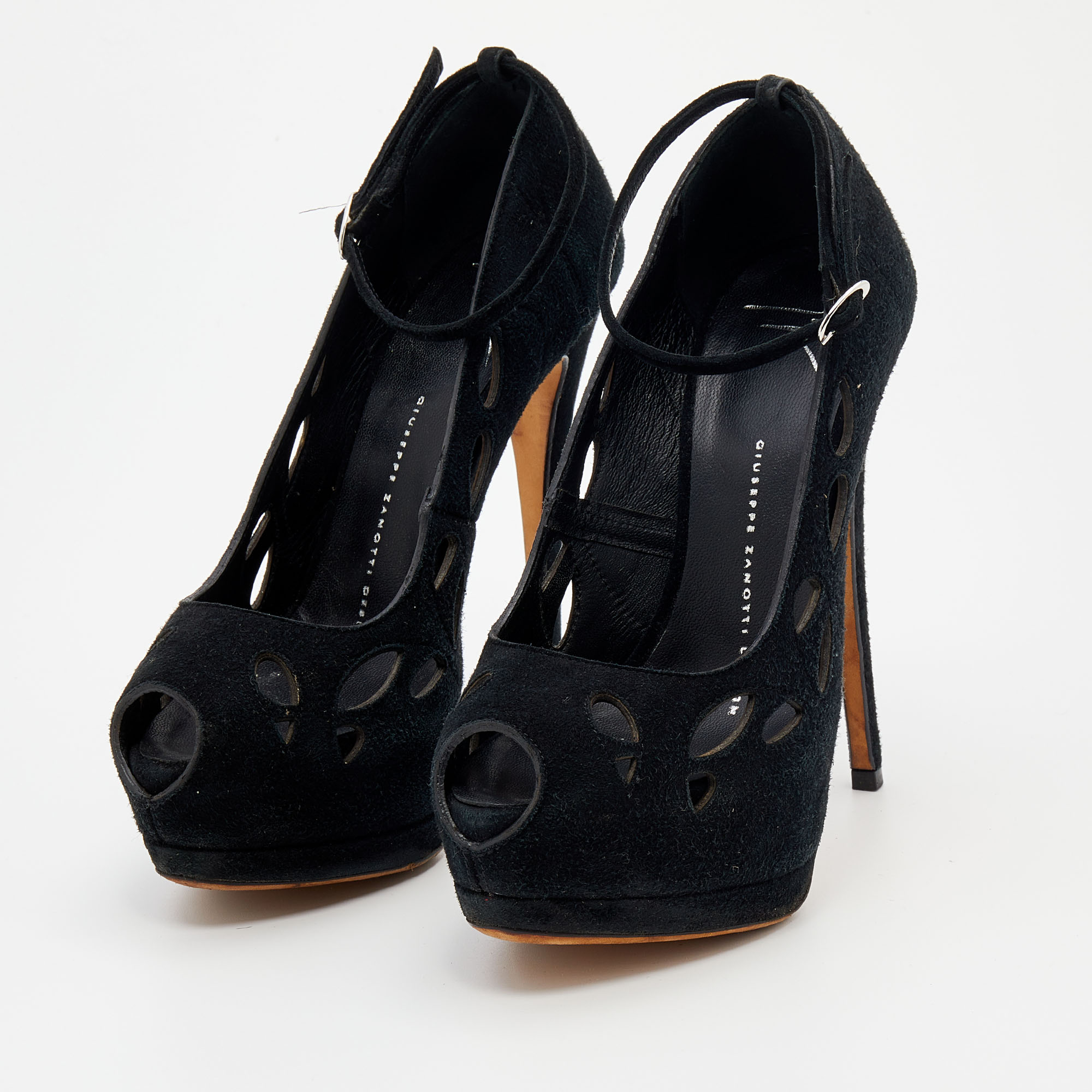 

Giuseppe Zanotti Black Suede Laser Cut Peep Toe Ankle Strap Platform Pumps Size