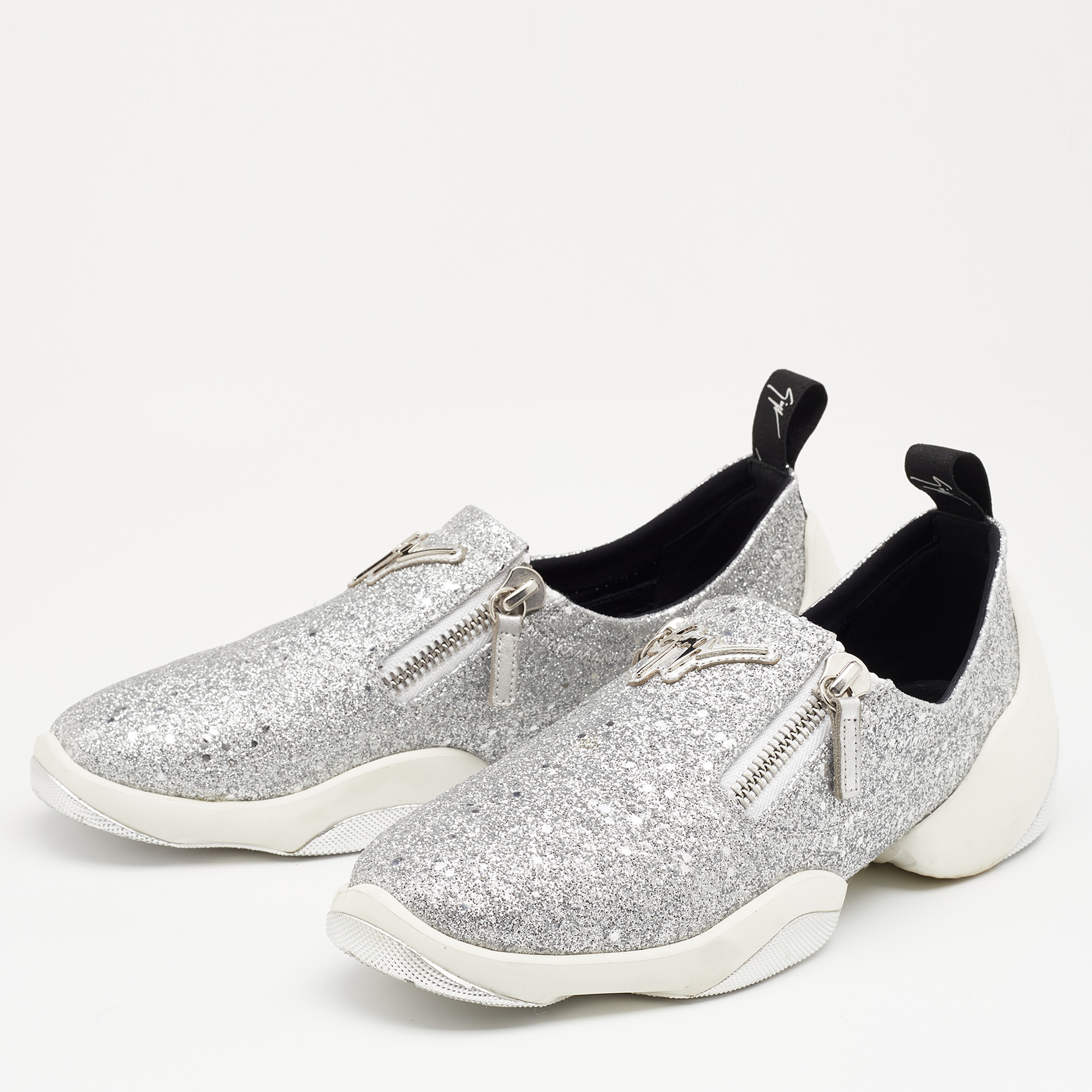

Giuseppe Zanotti Silver Glitter Jump Slip On Sneakers Size