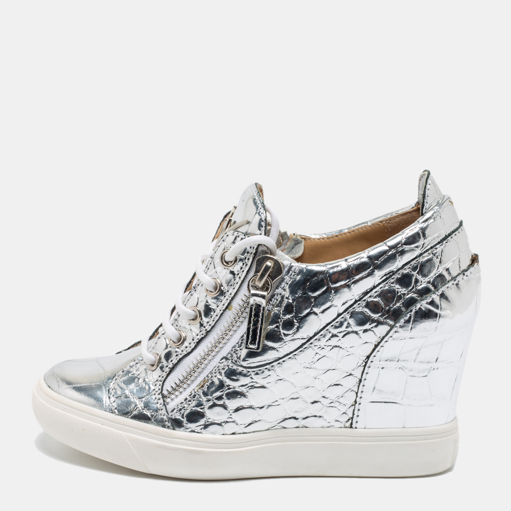 

Giuseppe Zanotti Silver Croc Embossed Leather Double Zip Wedge Sneakers Size