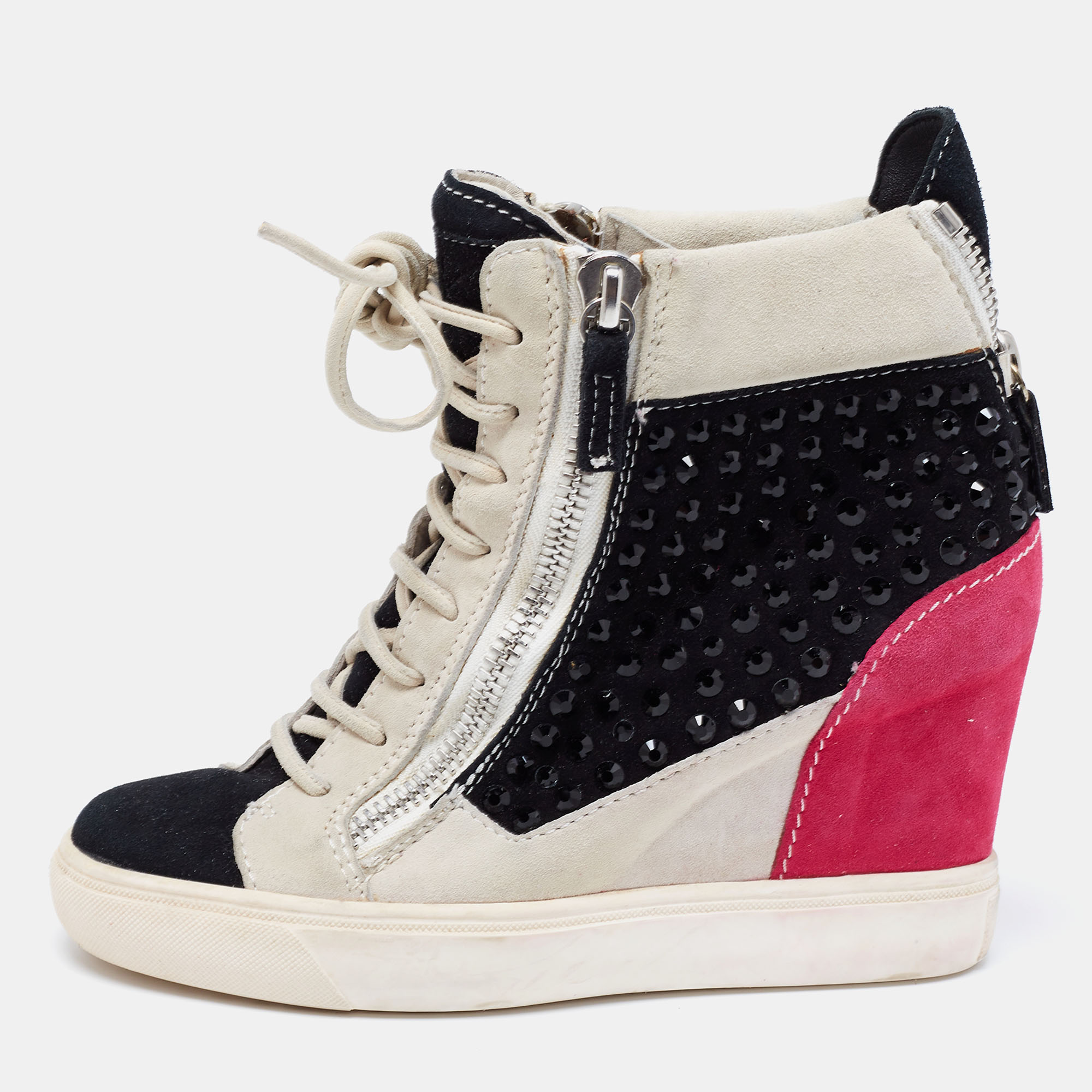 

Giuseppe Zanotti Multicolor Crystal Embellished Suede Wedge Sneakers Size