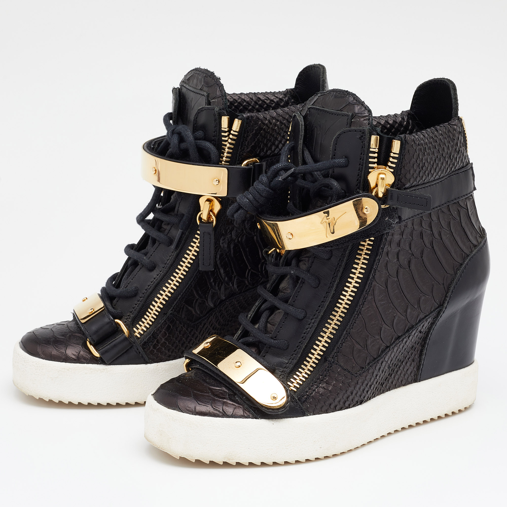 

Giuseppe Zanotti Black/Dark Brown Python Embossed Leather Lorenz Wedge Sneakers Size