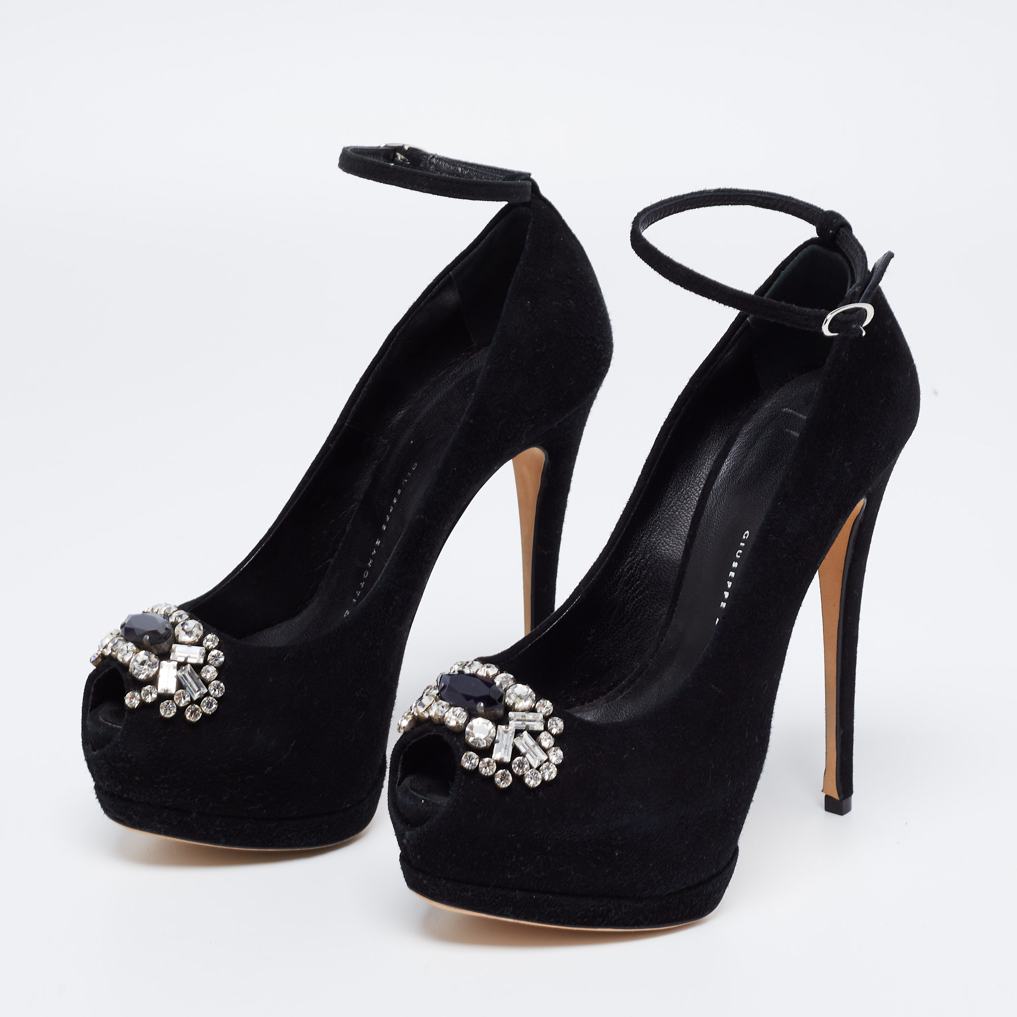 

Giuseppe Zanotti Black Suede Crystal Embellished Ankle-Strap Peep-Toe Platform Pumps Size