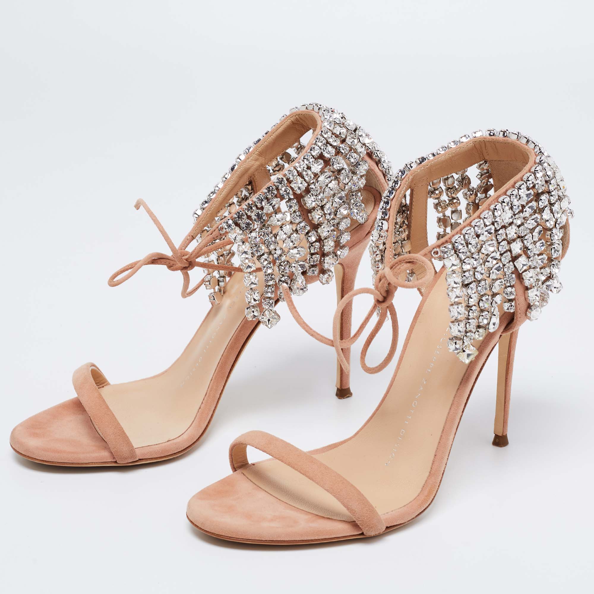 

Giuseppe Zanotti Beige Suede Crystal Carrie Evening Tie Sandals Size