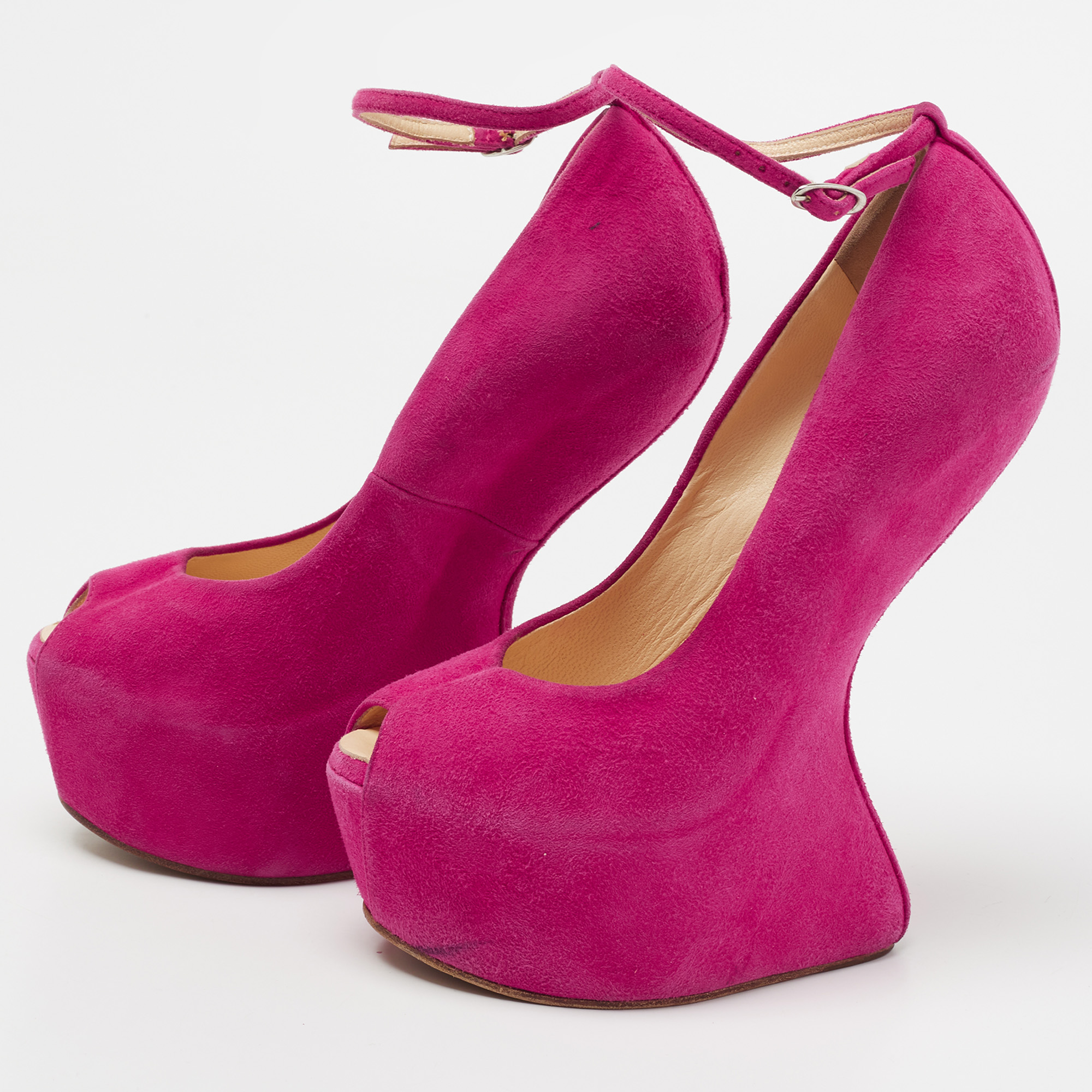 

Giuseppe Zanotti Pink Suede Peep-Toe Heel Less Platform Ankle Strap Pumps Size