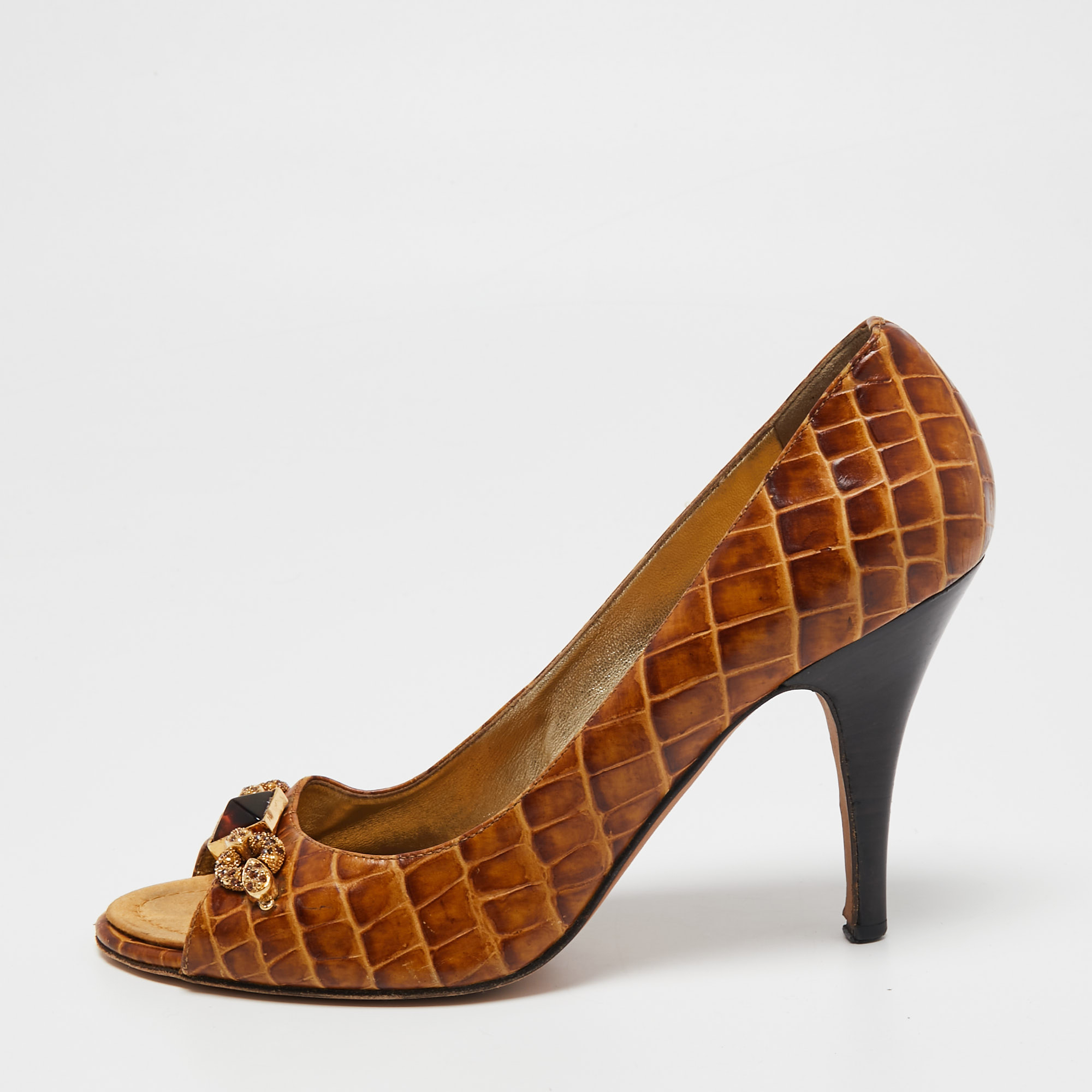Pre-owned Giuseppe Zanotti Brown Croc Embossed Leather Embellished Open-toe Pumps Size 39.5