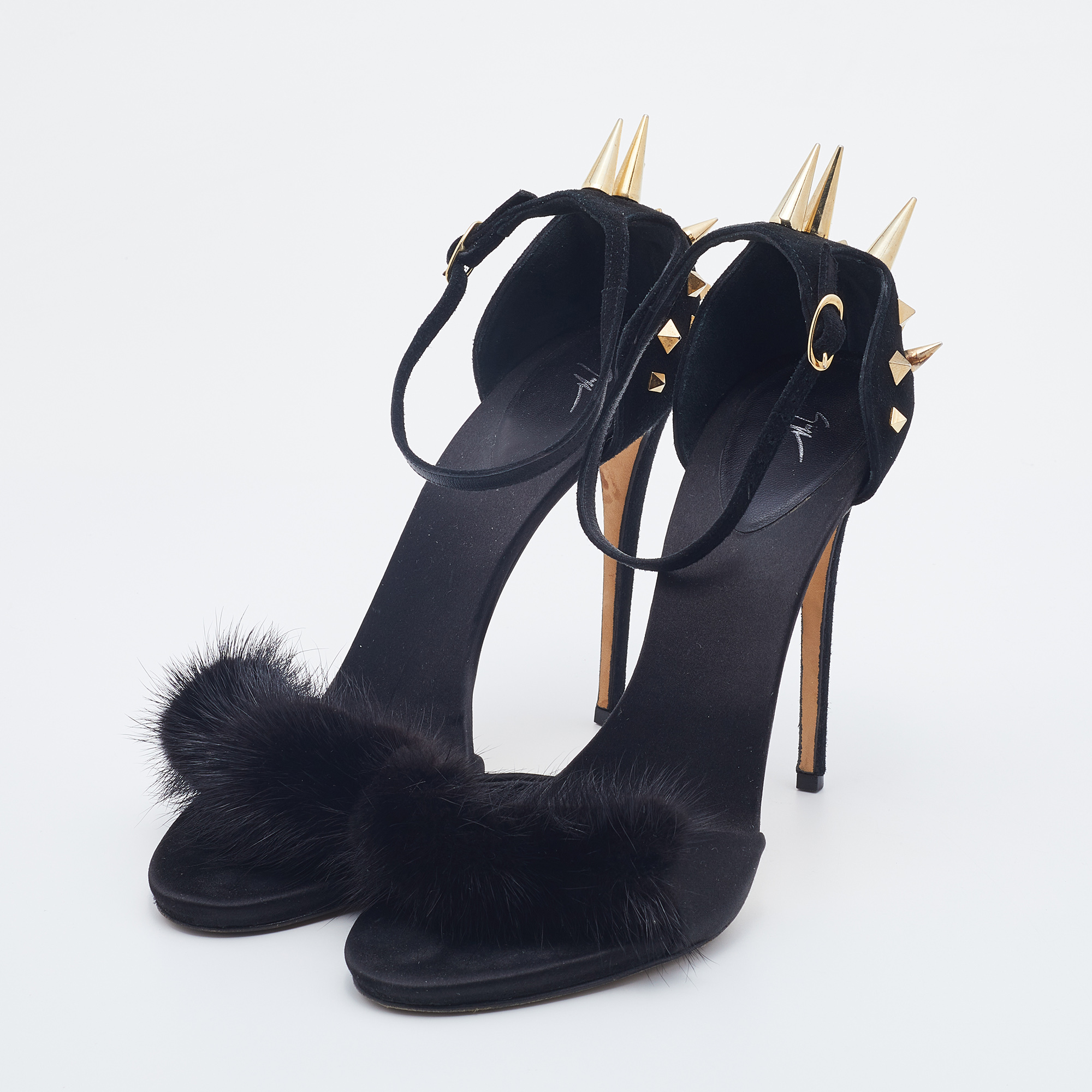 

Giuseppe Zanotti Black Suede and Fur Spiked Ankle Strap Sandals Size