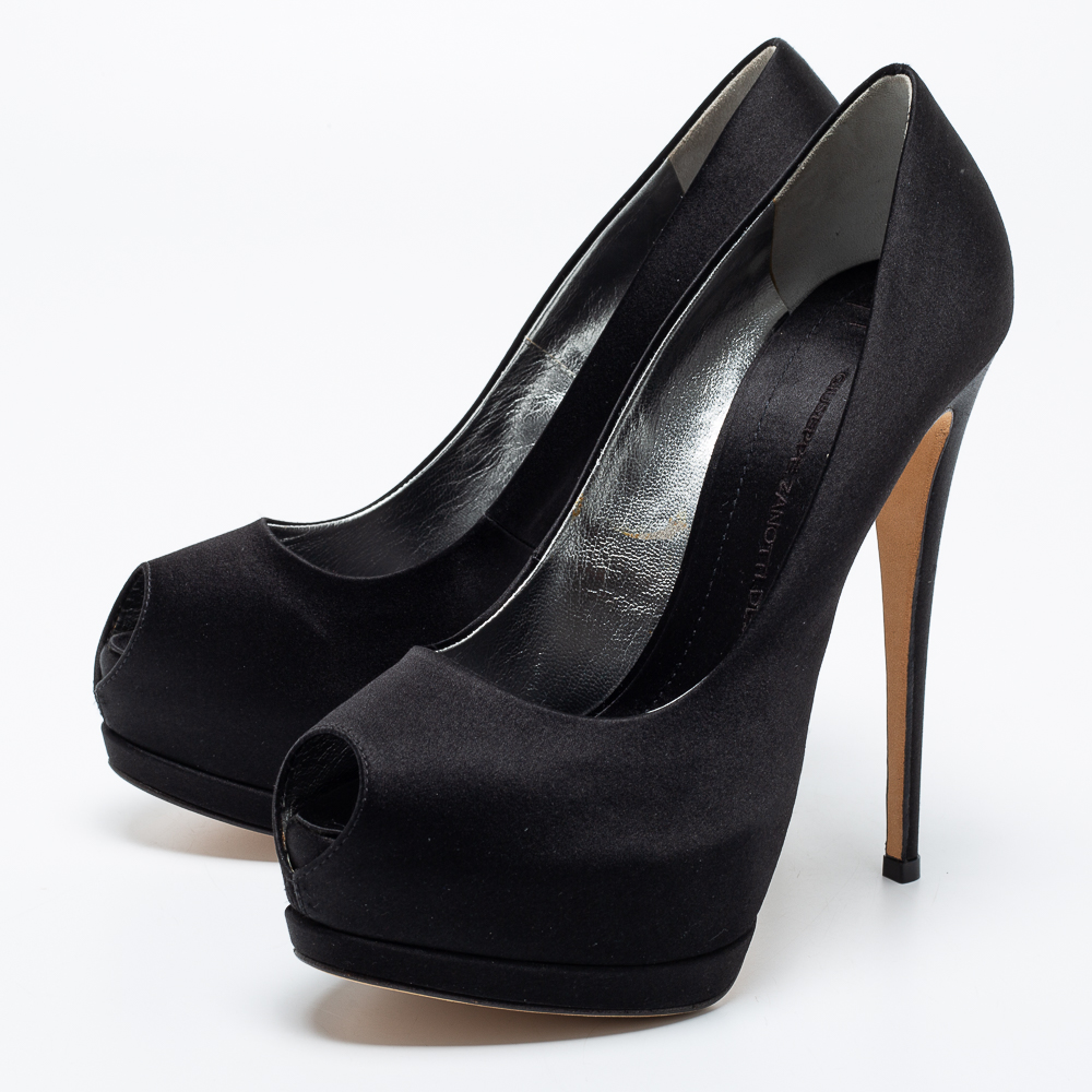 

Giuseppe Zanotti Black Satin Peep Toe Platform Pumps Size