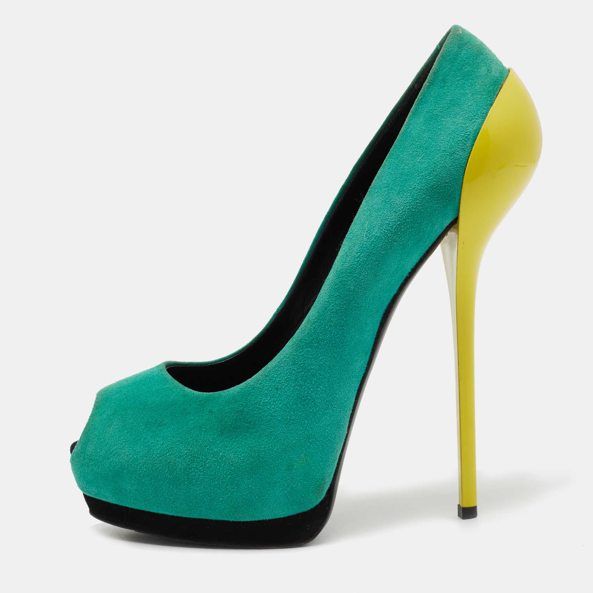 

Giuseppe Zanotti Tricolor Suede Nana Peep-Toe Platform Pumps Size, Green