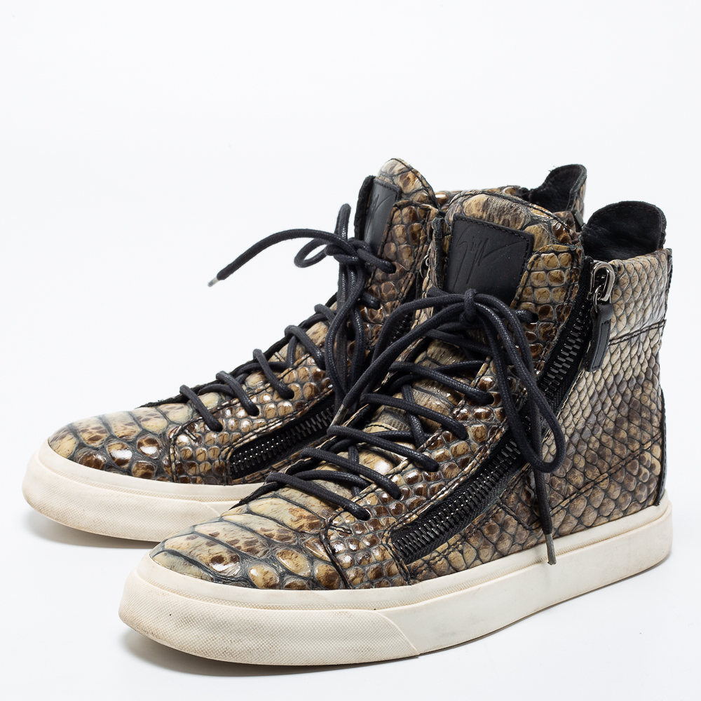 

Giuseppe Zanotti Beige/Black Python Embossed Leather High Top Sneakers Size