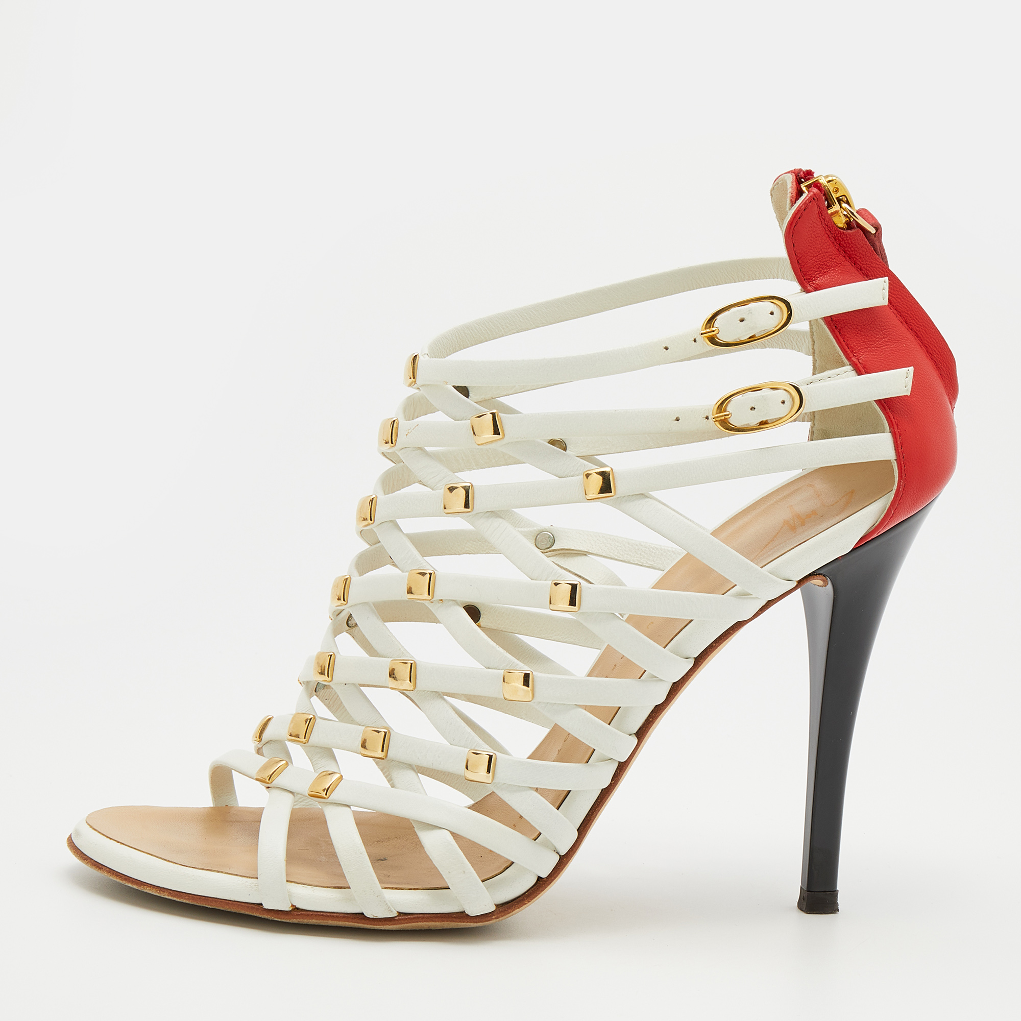 Pre-owned Giuseppe Zanotti White/red Leather Embellished Strappy Sandals Size 36