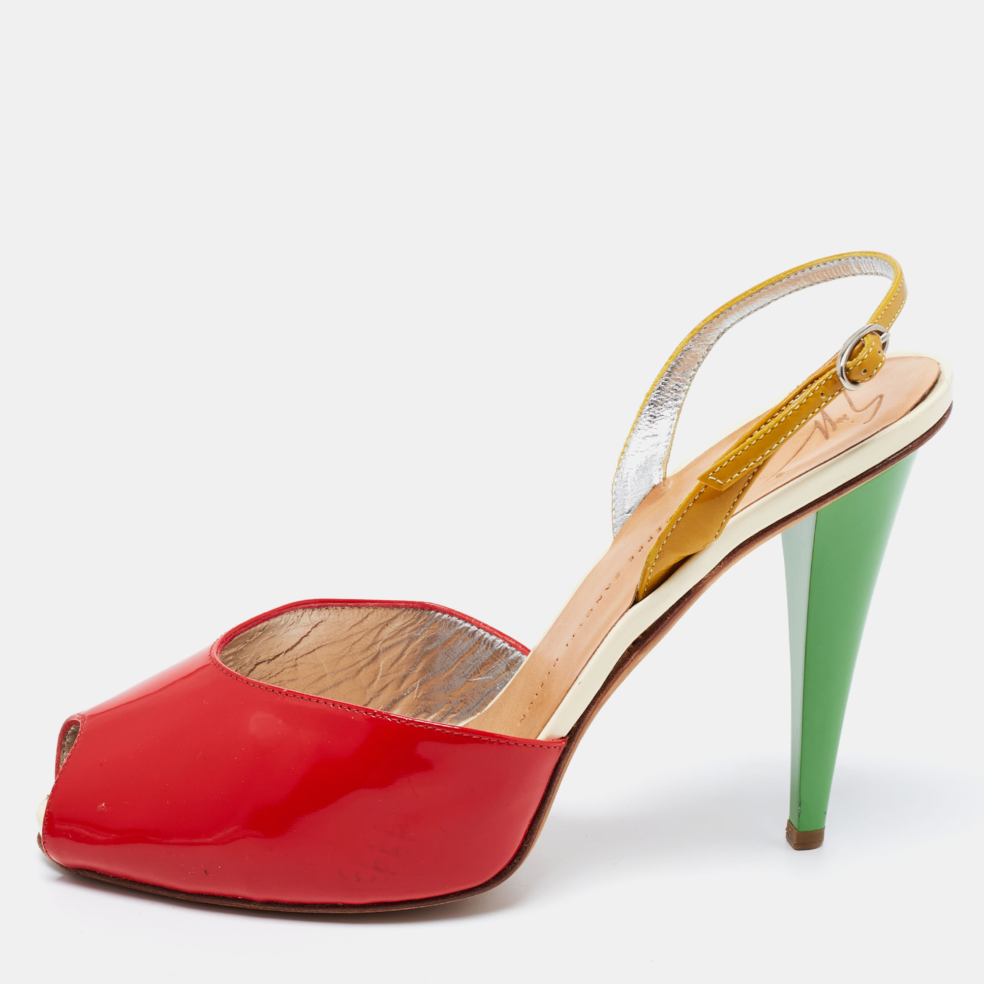 

Giuseppe Zanotti Tri-Color Patent Leather Peep Toe Slingback Sandals Size, Red