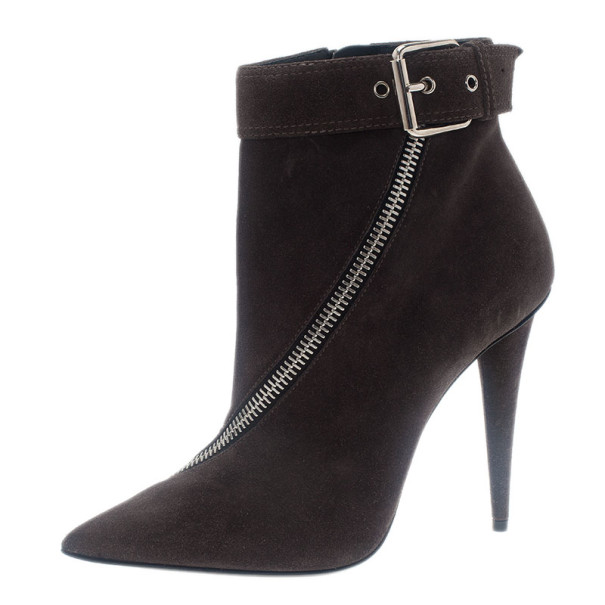 Pre Owned Giuseppe Zanotti Grey Suede Asymmetrical Zip Ankle Boots Size 39