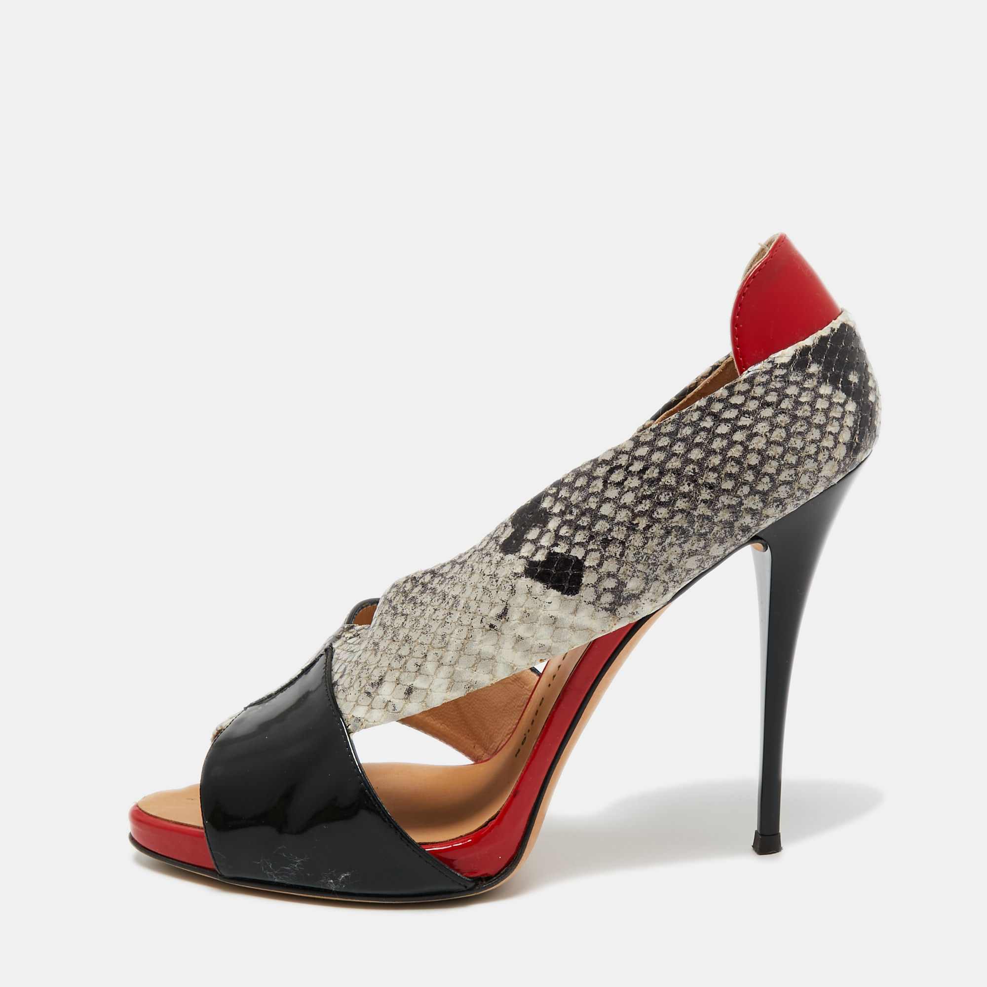Pre-owned Giuseppe Zanotti Multicolor Python Embossed And Patent Leather D'orsay Peep Toe Pumps Size 39.5