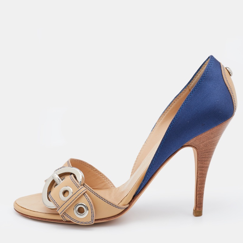 

Giuseppe Zanotti Blue/Beige Satin and Leather Buckle Side Sandals Size 37