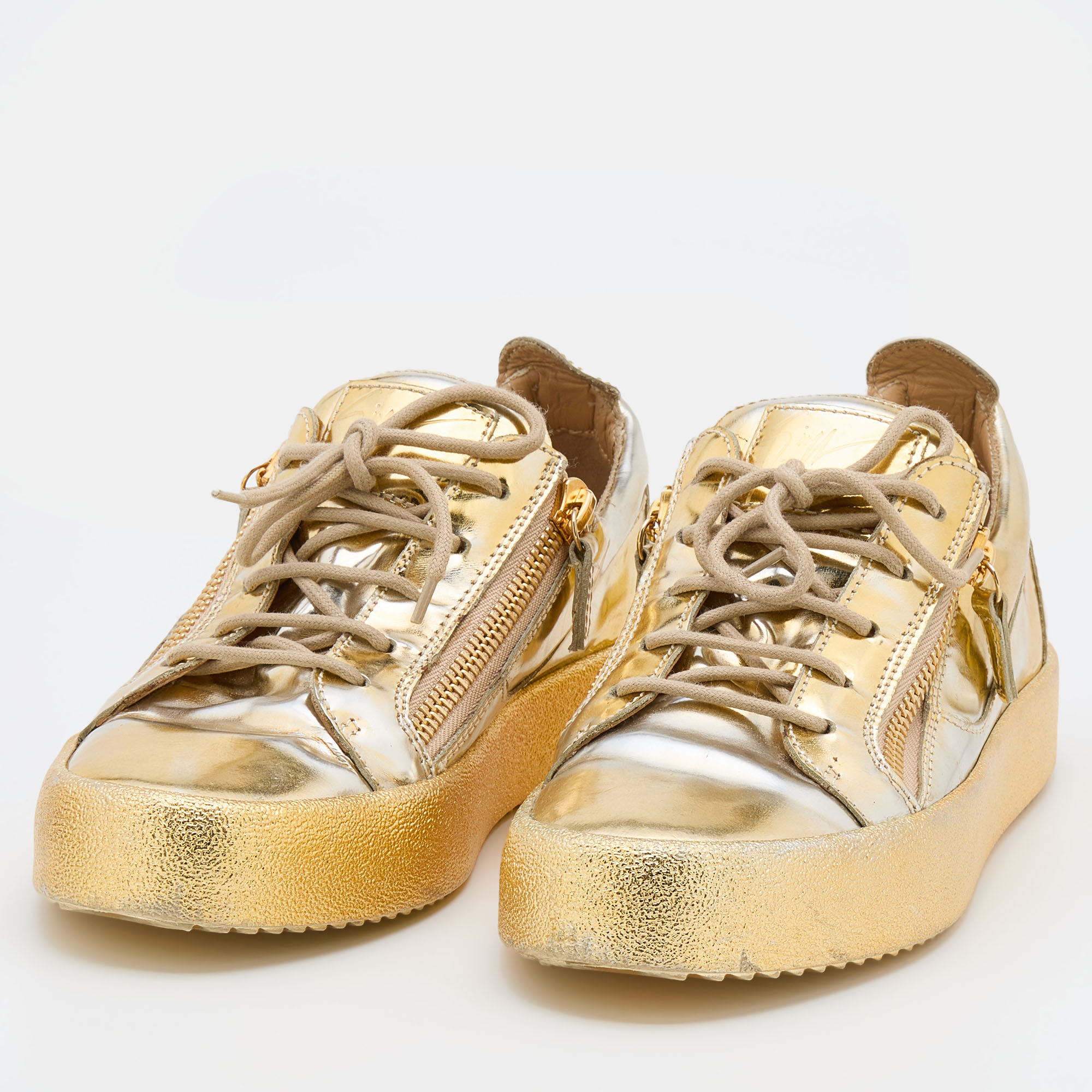 

Giuseppe Zanotti Metallic Gold Leather May London Double Zipper Sneakers Size