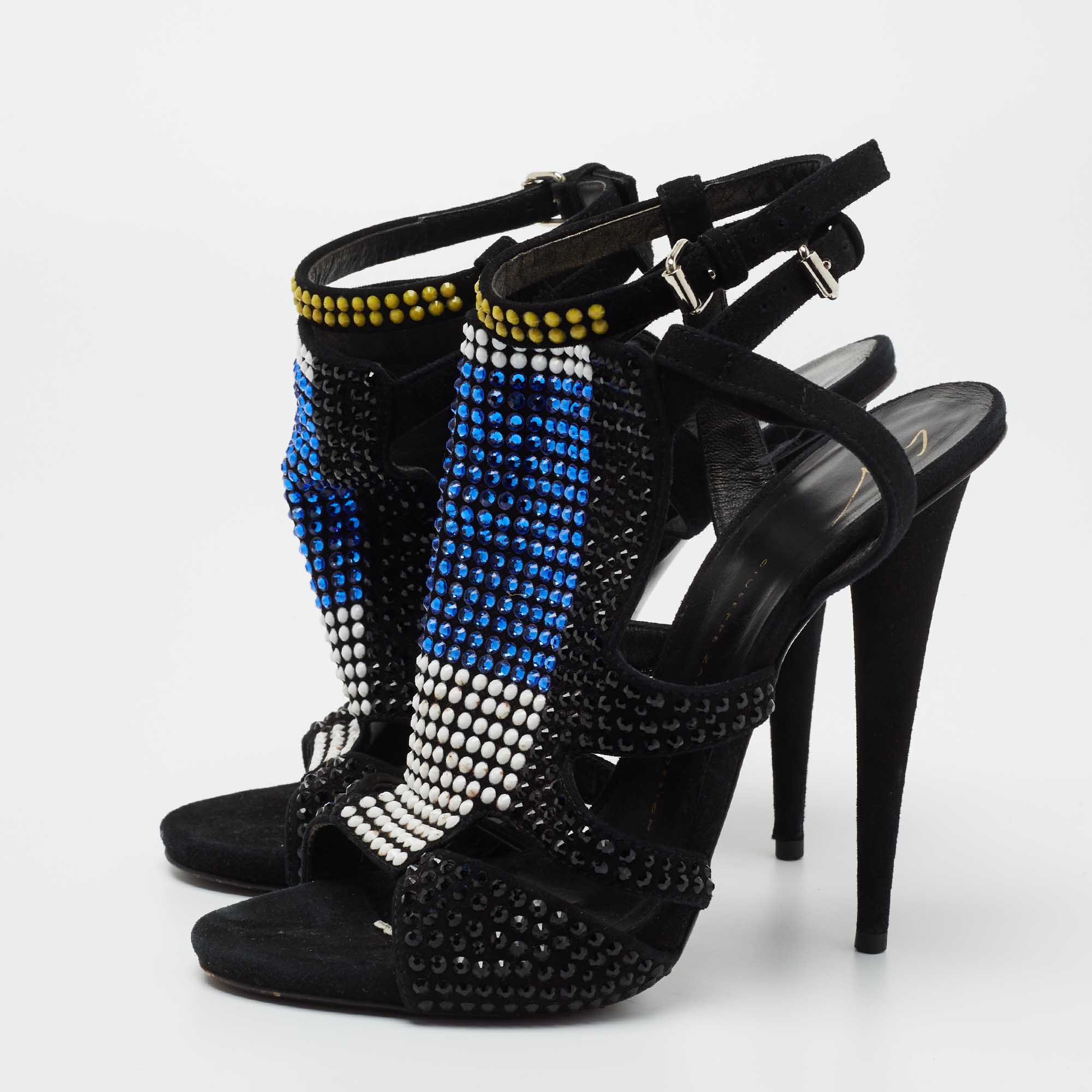 

Giuseppe Zanotti Black Multicolor Crystal Embellished Suede Cut Out Sandals Size