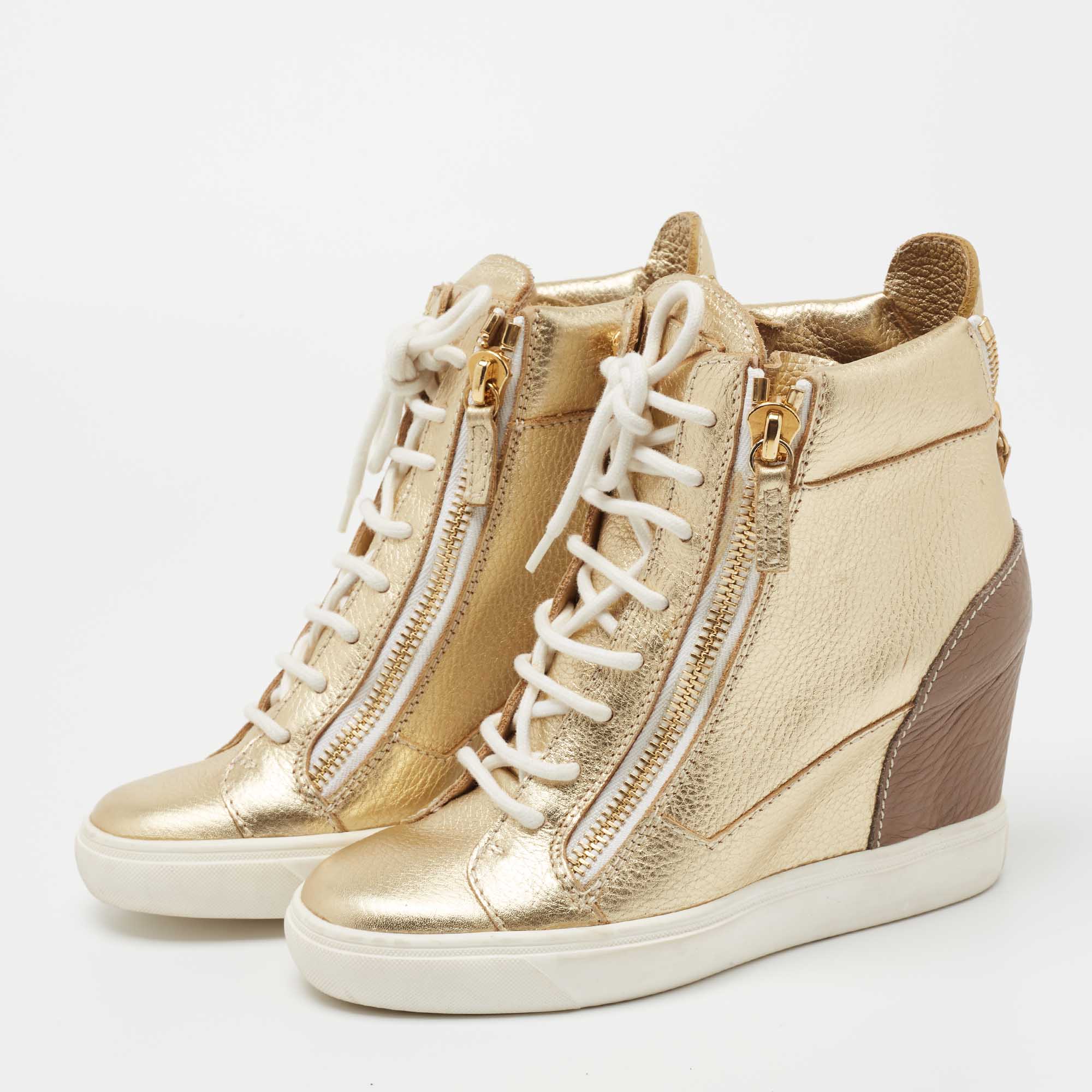 

Giuseppe Zanotti Gold Leather High Top Wedge Sneakers Size