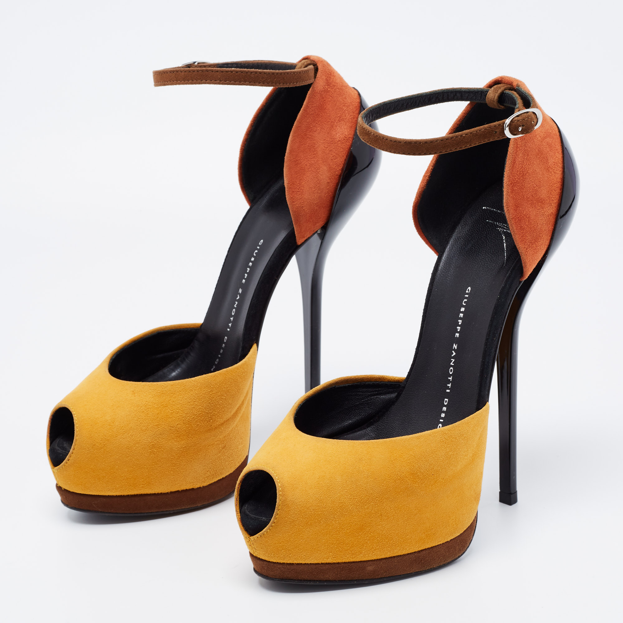 

Giuseppe Zanotti Tricolor Suede Peep Toe Platform Pumps Size, Orange