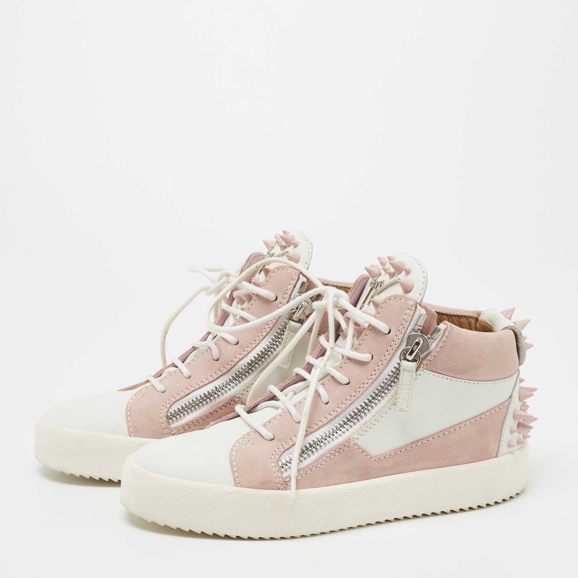 

Giuseppe Zanotti Pink/White Suede and Leather Double Zipper High Top Sneakers Size