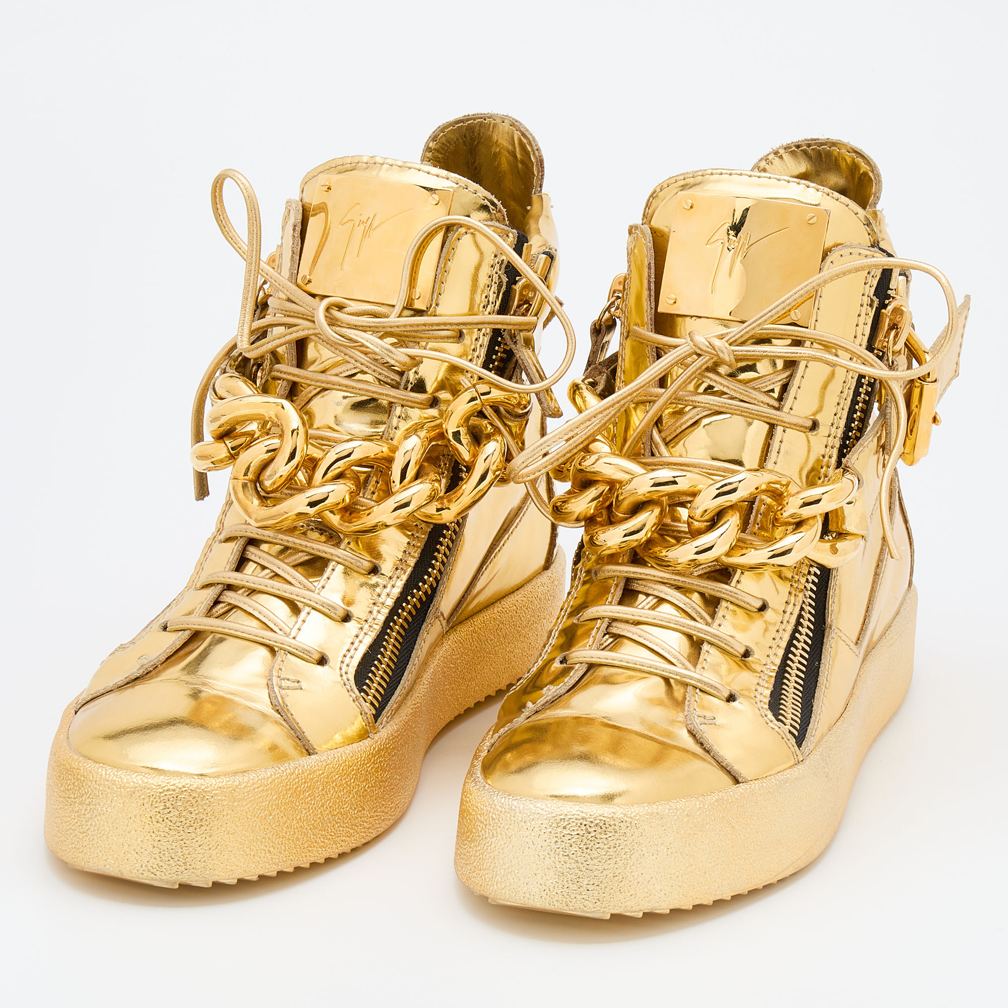 

Giuseppe Zanotti Metallic Gold Leather Chain High Top Sneakers Size