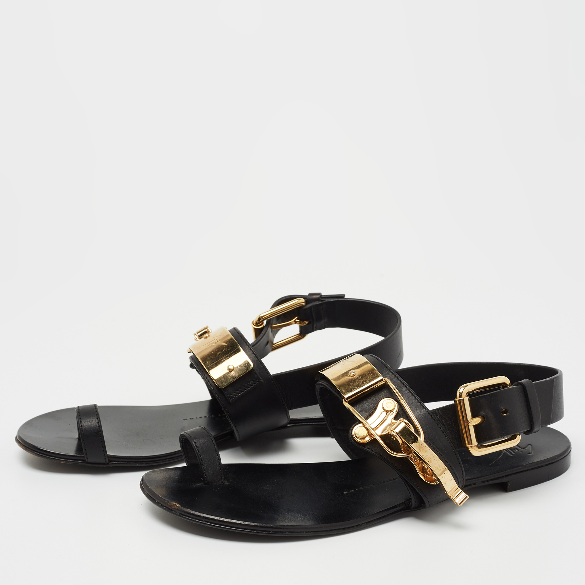 

Giuseppe Zanotti Black Leather Buckle Slingback Flats Size