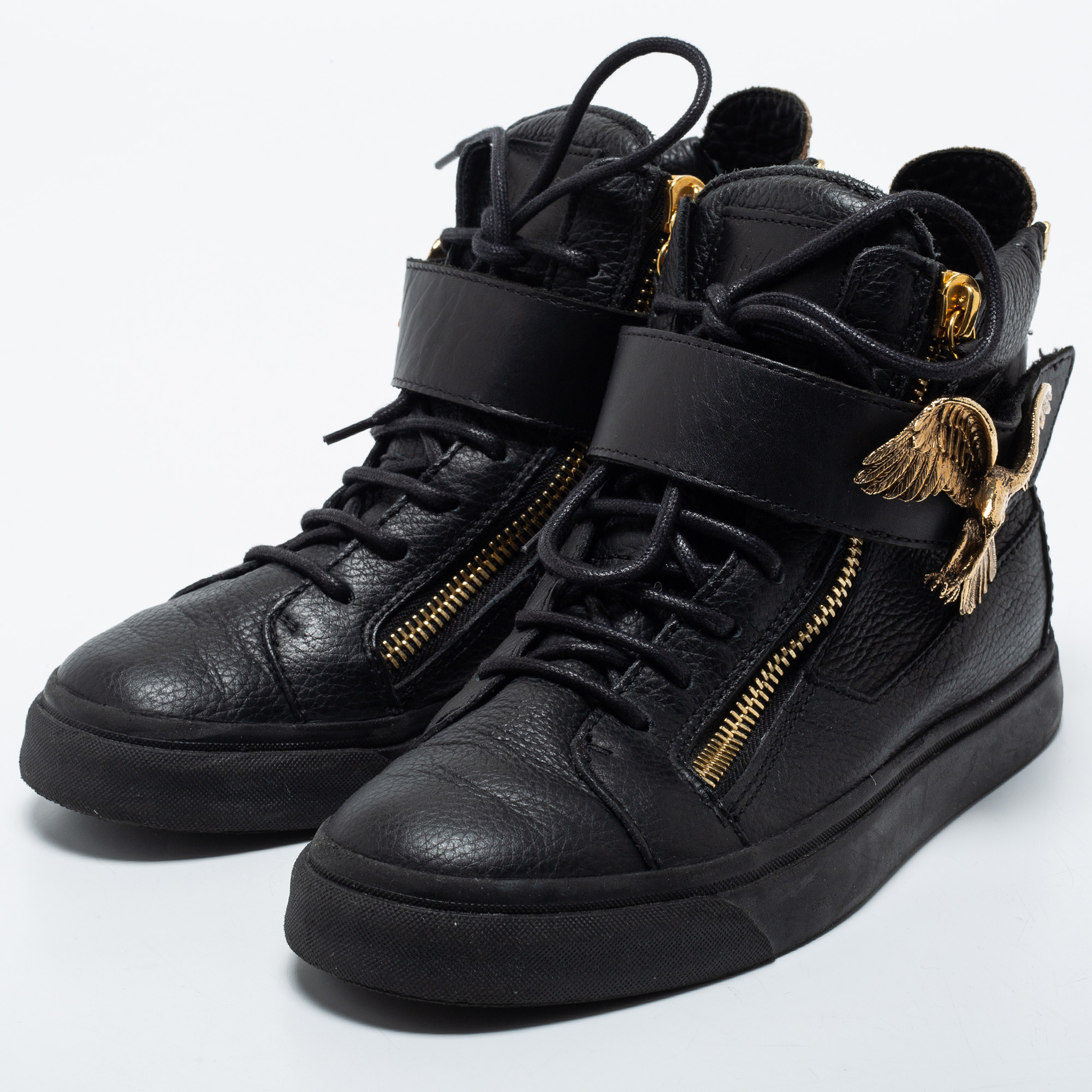 

Giuseppe Zanotti Black Leather Eagle Strap High Top Sneakers Size