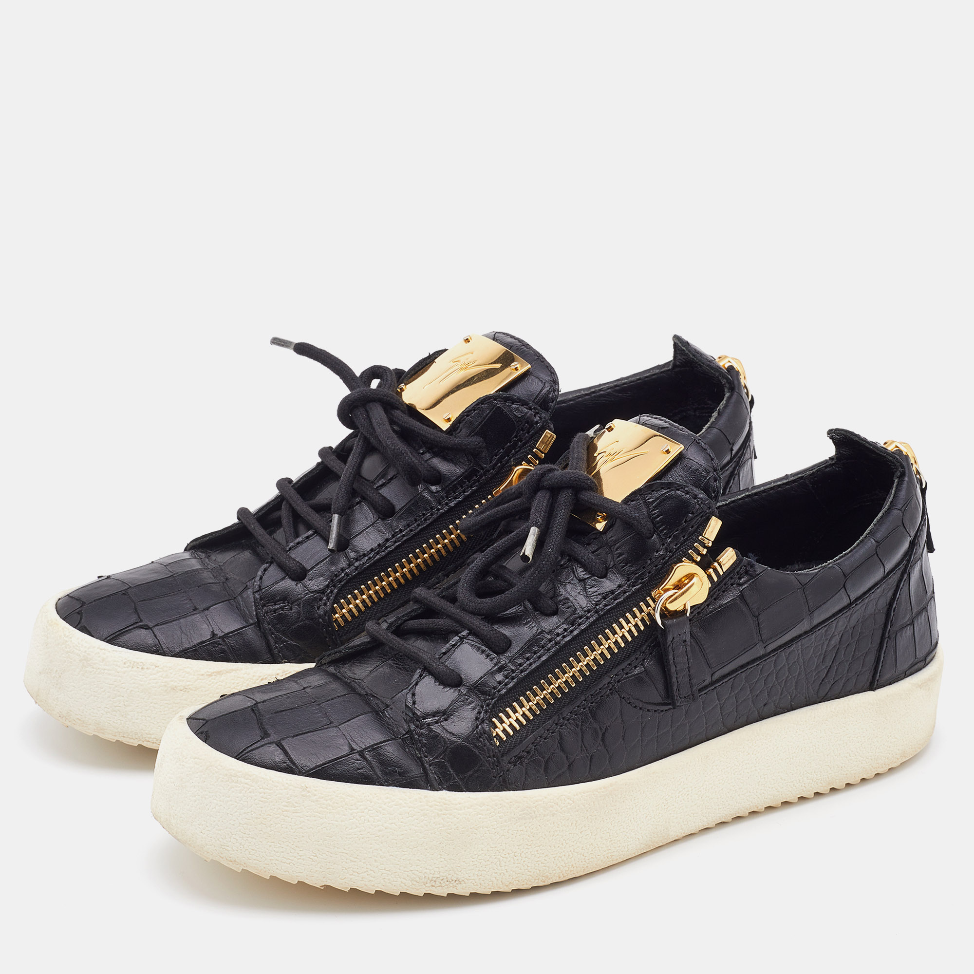 

Giuseppe Zanotti Black Croc Embossed Leather Double Zipper Low Top Sneakers Size