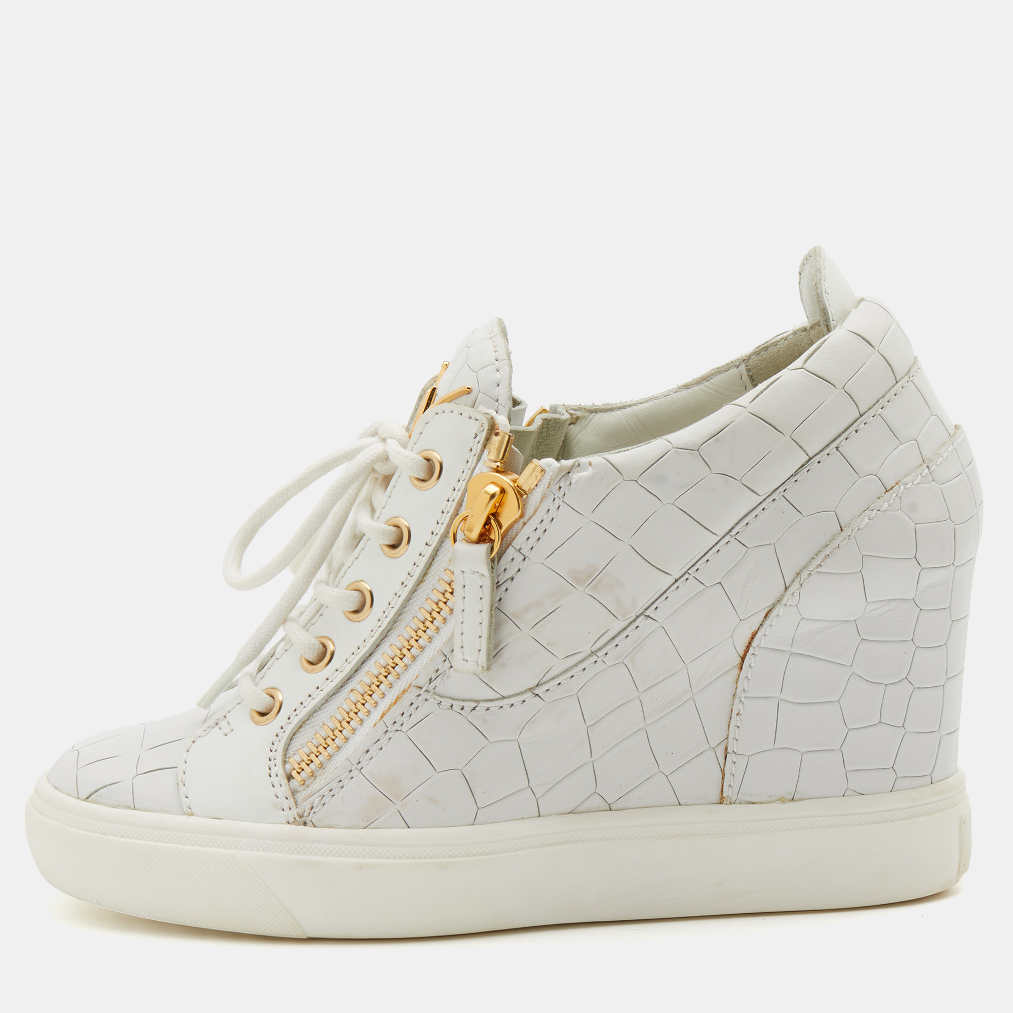 Pre-owned Giuseppe Zanotti White Croc Embossed Leather Wedge Sneakers Size 37.5