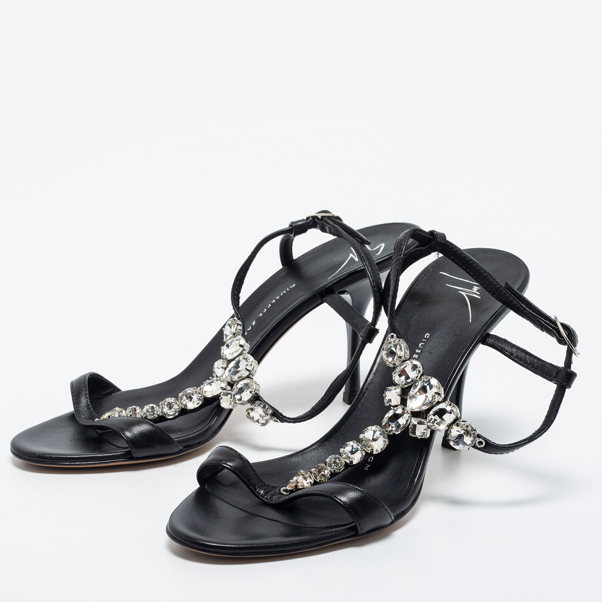 

Giuseppe Zanotti Black Leather Crystal Embellished T-Strap Sandals Size