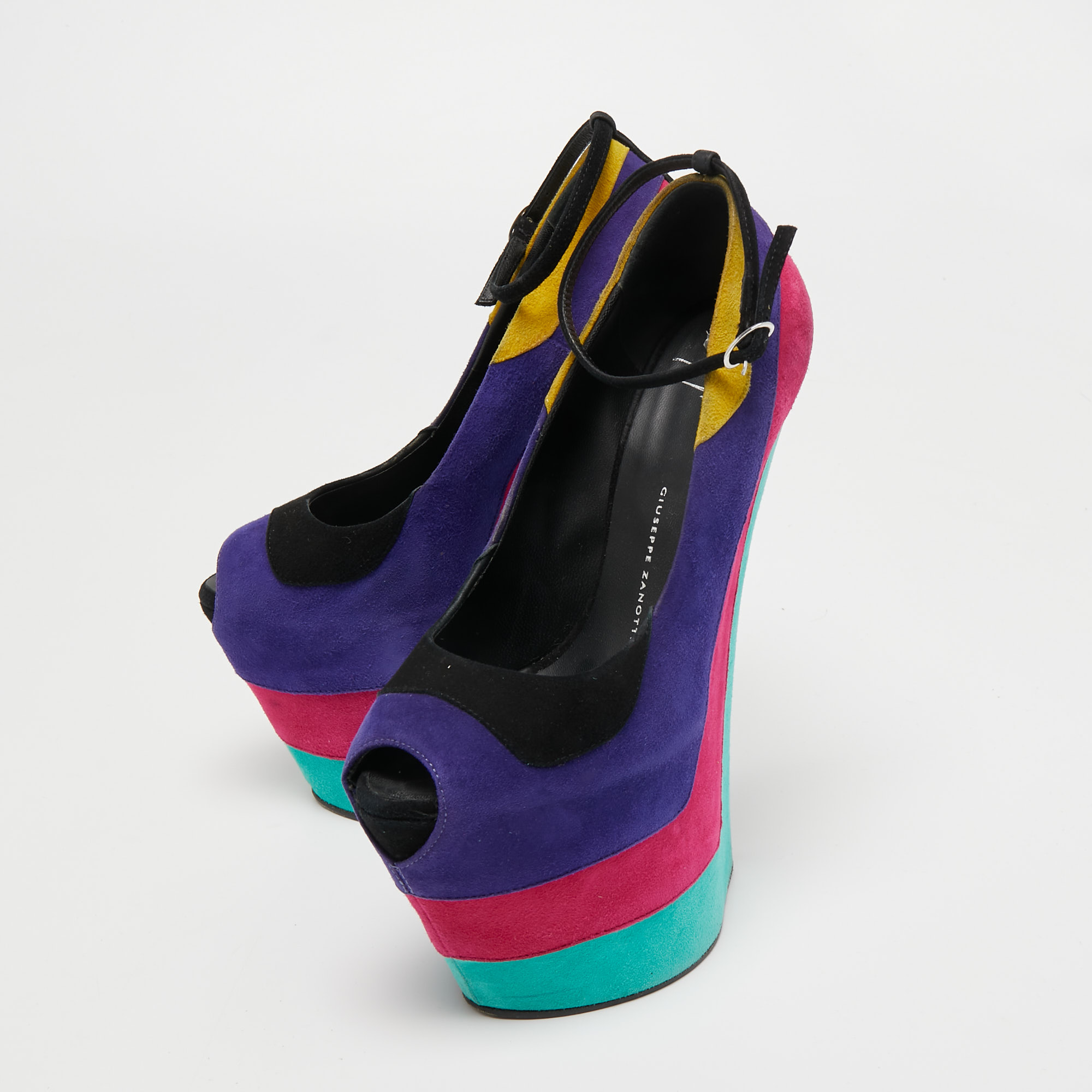 

Giuseppe Zanotti Multicolor Suede Peep Toe Heel Less Ankle Strap Pumps Size