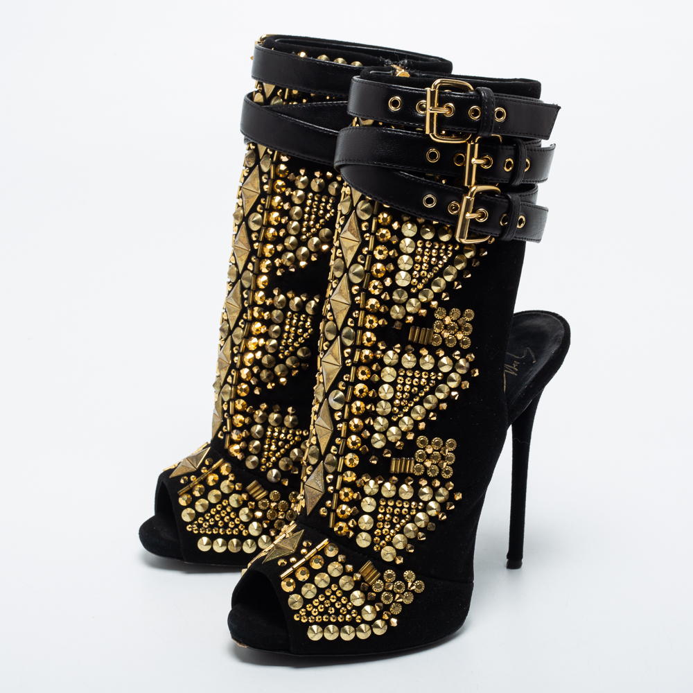 

Giuseppe Zanotti Black Leather and Suede Cutout Ankle Boots Size